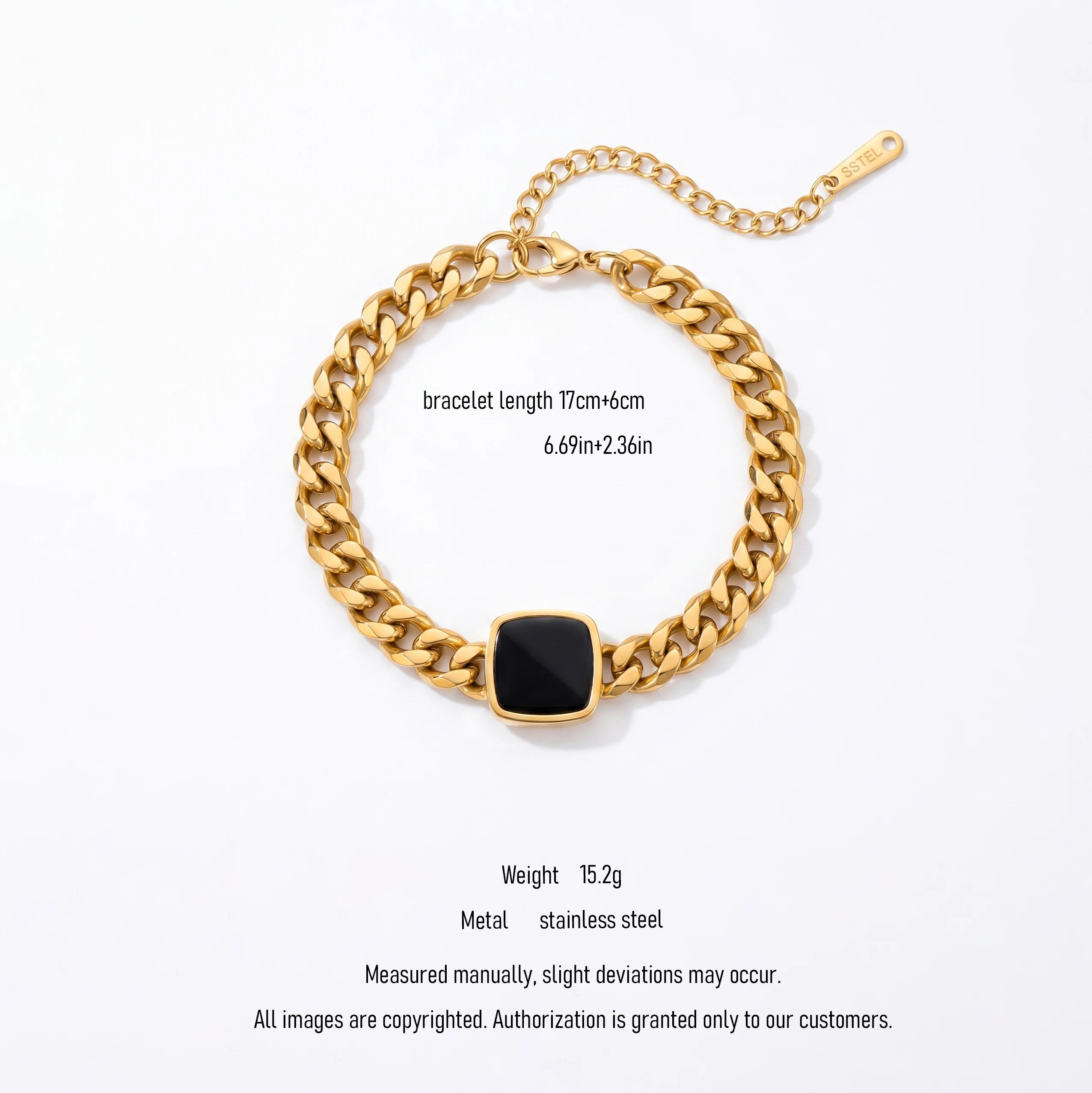 QIAOREN 10786 18K Gold Plated Stainless Steel Cuban Bracelet Black Square Onyx Pendant Waterproof Non Tarnish Adjustable Jewelry