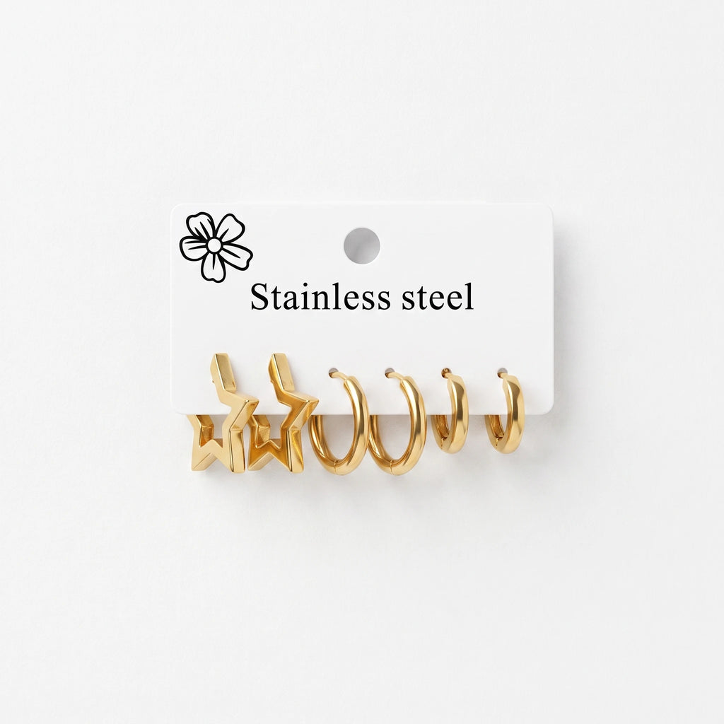 QIAOREN 14475 3 Pair Gold Stainless Steel Huggie Earring Set, Star Shape Hoops, Thick Round Hoops & Slim Round Hoops Jewelry