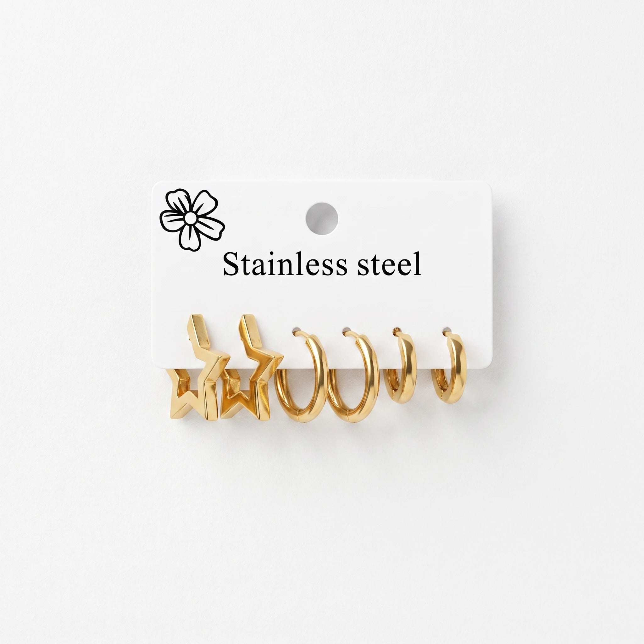 QIAOREN 14475 3 Pair Gold Stainless Steel Huggie Earring Set, Star Shape Hoops, Thick Round Hoops & Slim Round Hoops Jewelry