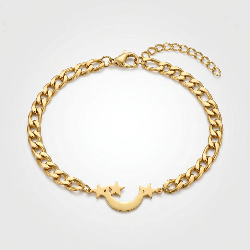 QIAOREN 11734 Tarnish Free 18K Gold Stainless Steel Moon & Star Anklet Cuban Chain Adjustable Foot Chain