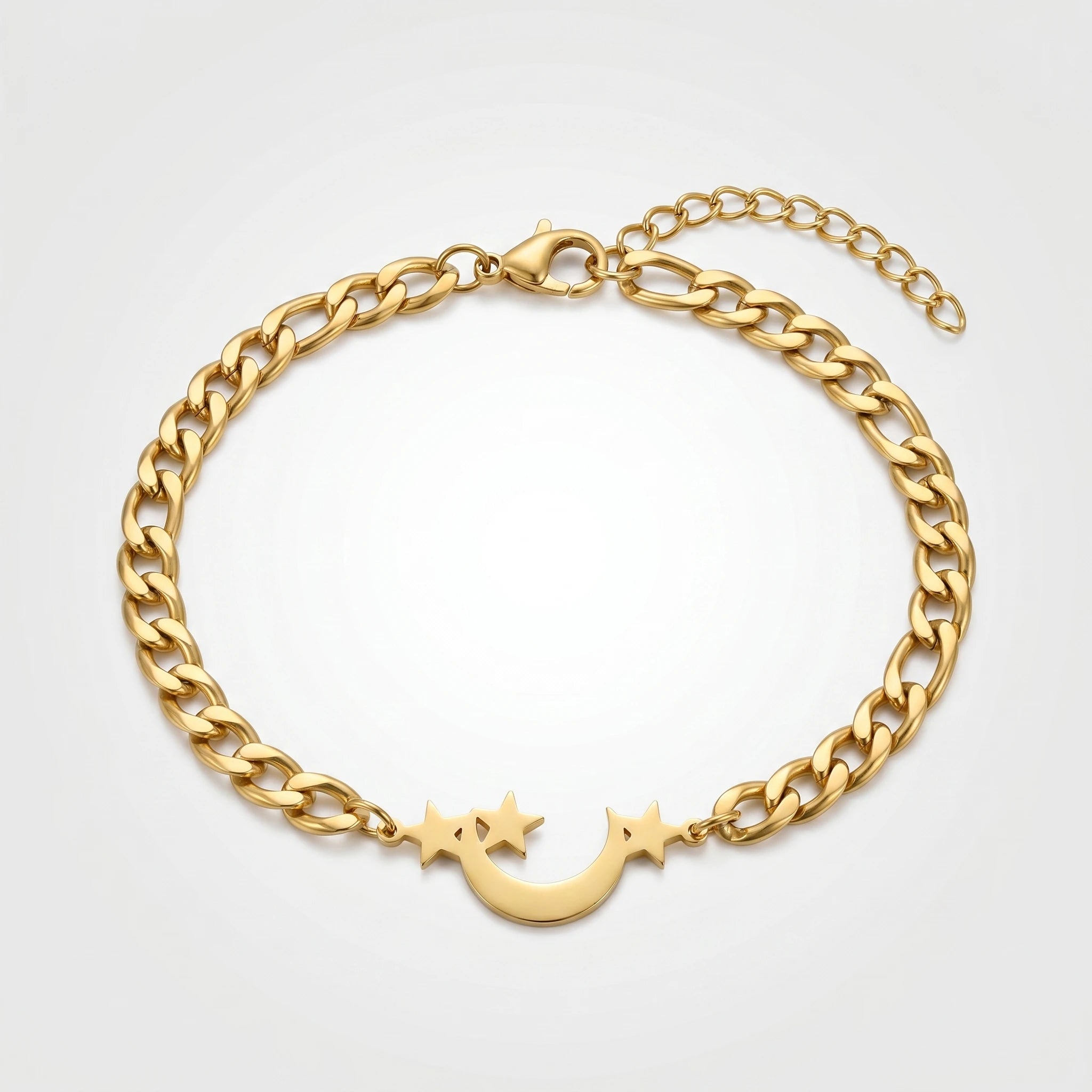 QIAOREN 11734 Tarnish Free 18K Gold Stainless Steel Moon & Star Anklet Cuban Chain Adjustable Foot Chain