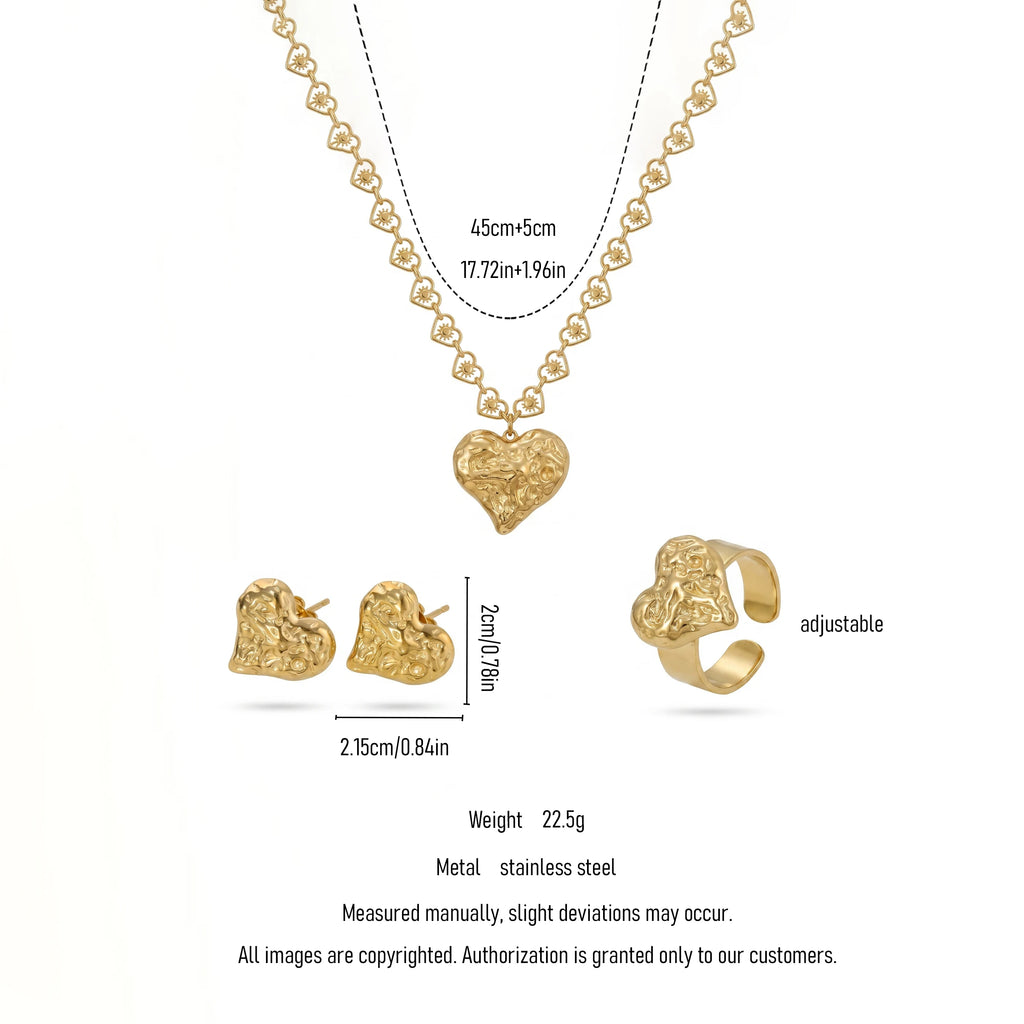 QIAOREN 11525 Textured Heart Jewelry Set Stainless Steel Waterproof Necklace Earrings Ring for Daily & Party