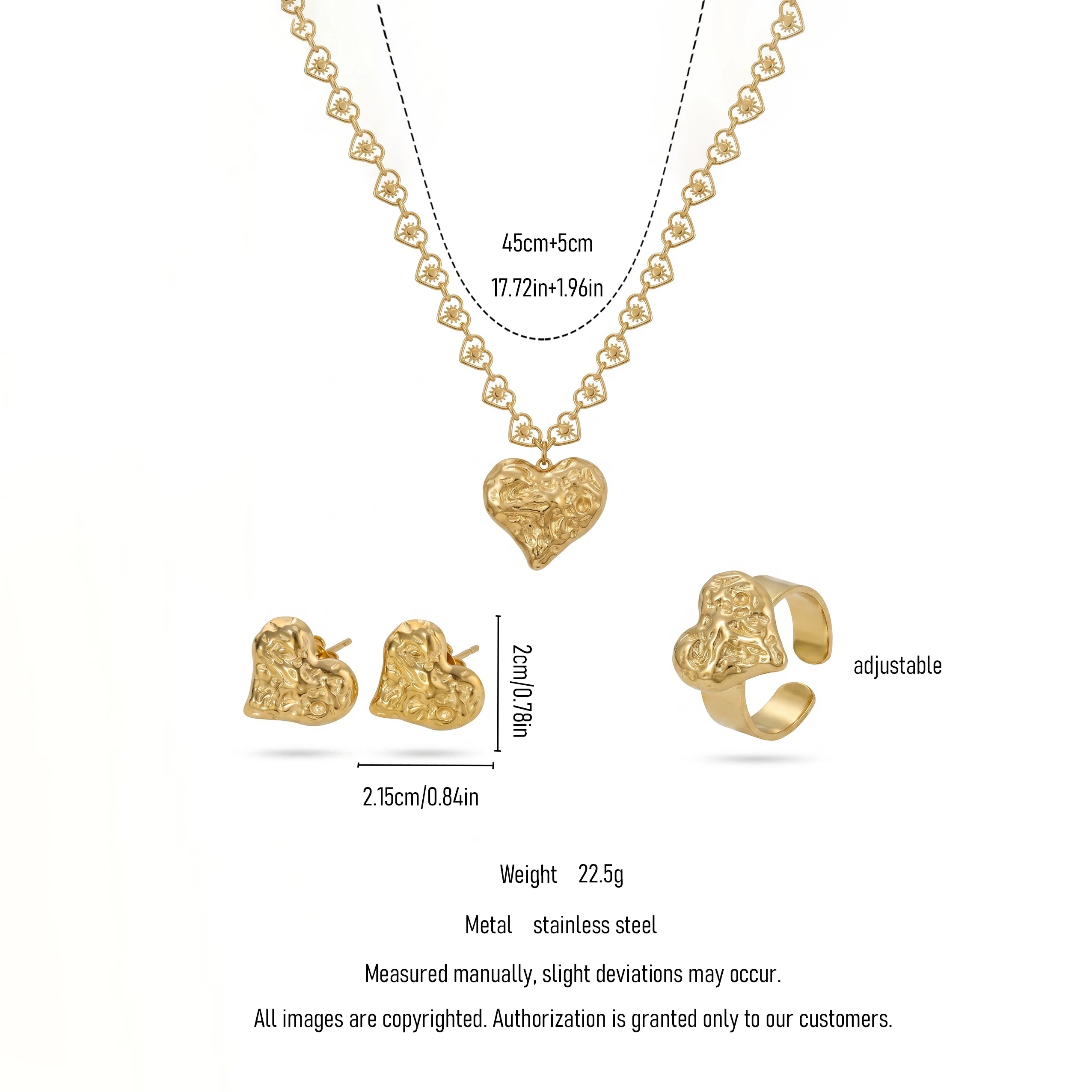 QIAOREN 11525 Textured Heart Jewelry Set Stainless Steel Waterproof Necklace Earrings Ring for Daily & Party