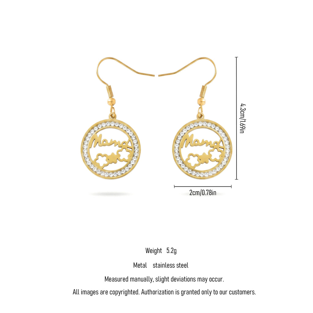 QIAOREN 11772 Minimalist Crystal Framed Mama Geometric Dangle Earrings 18K Gold Plated Stainless Steel Hook Fashion Jewelry for