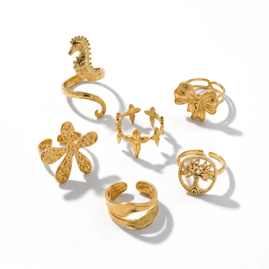 QIAOREN 14239-50 Vintage Textured Gold Open Cuff Ring Set, Hippie Bohemian Stackable Adjustable Rings for Women