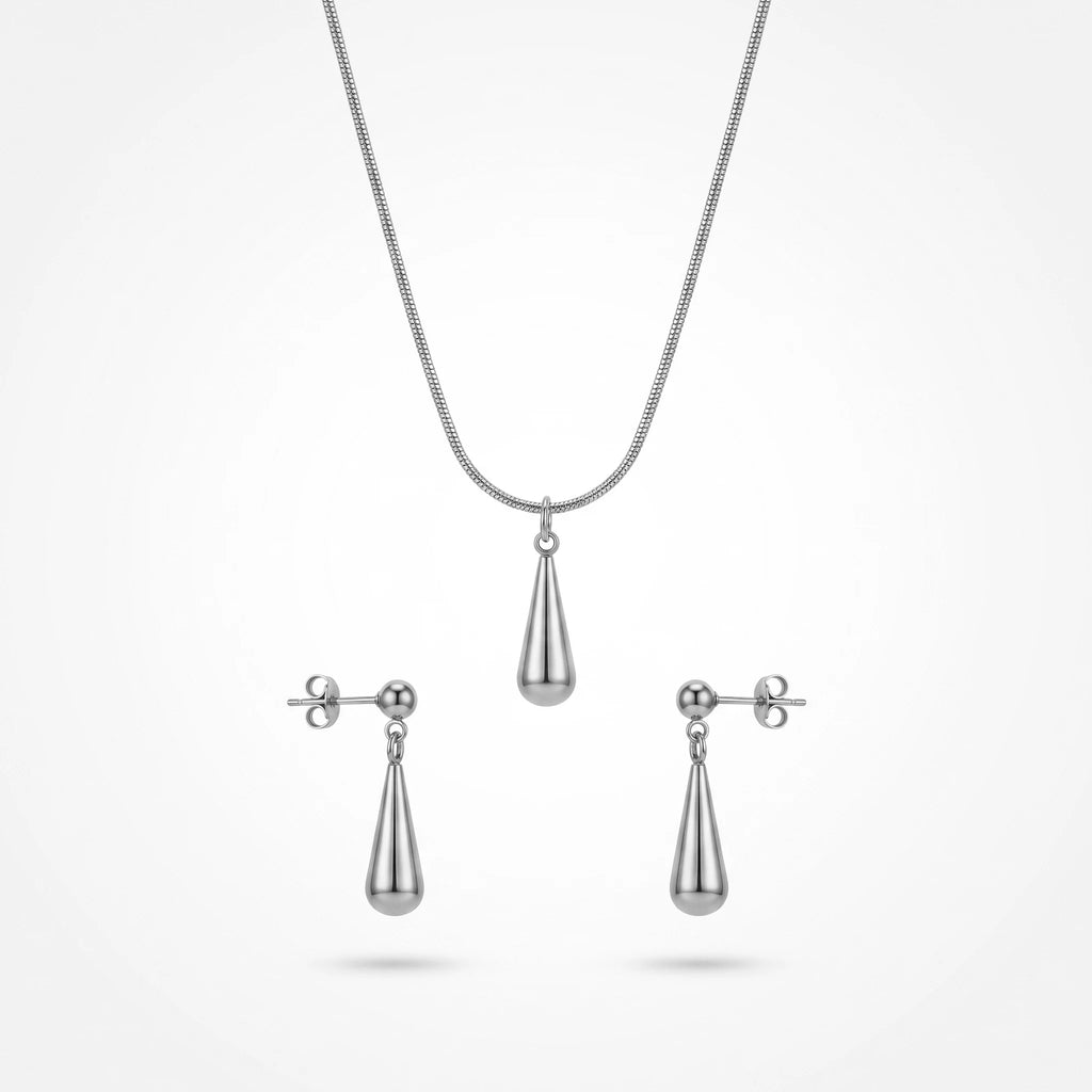 QIAOREN 10606 Women's Teardrop Pendant Necklace Earring Set 18K Gold Plated Stainless Steel Waterproof Tarnish Free Jewelry