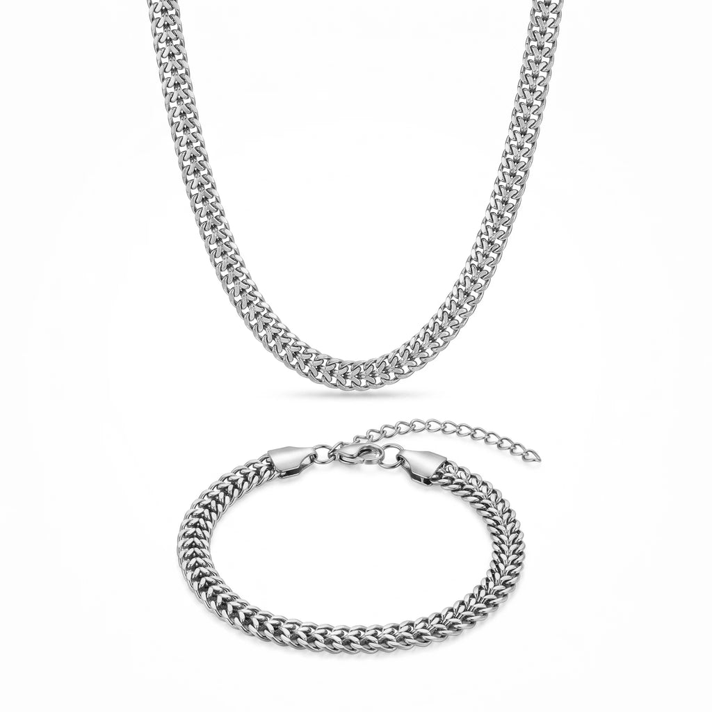 QIAOREN 11490 18K Gold Plated Thick Cuban Chain Necklace Bracelet Set Stainless Steel Tarnish Free Waterproof