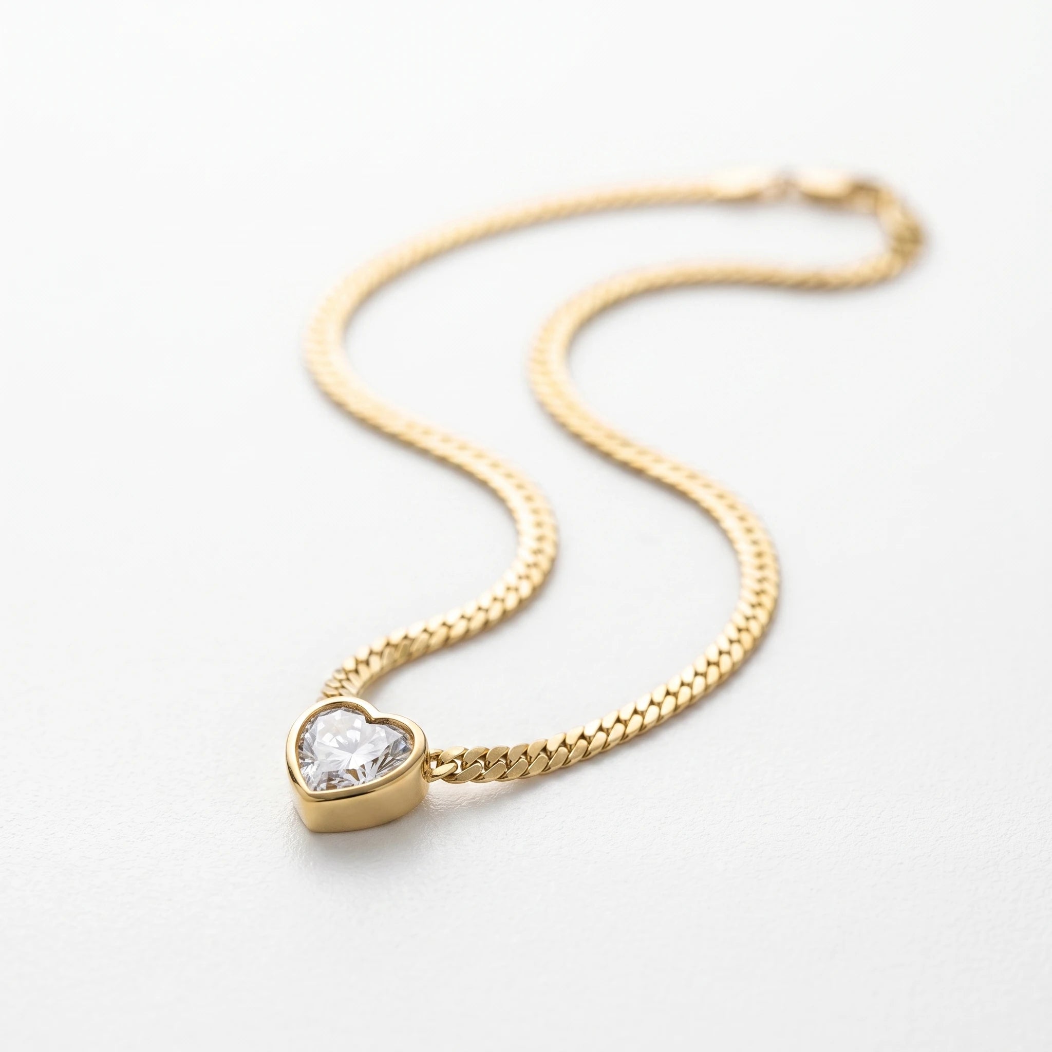 QIAOREN 13719-20 Curb Cuban Chain Heart Cut Clear Zircon Pendant Necklace, Bezel Set Heart Gem Polished Gloss Gold Necklace