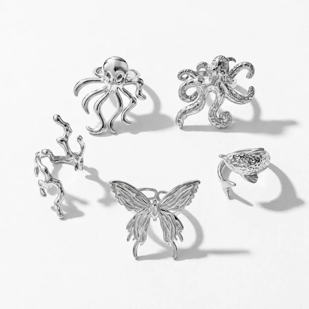 QIAOREN 14294-303 Ocean Inspired Animal Butterfly Open Cuff Ring Set, Adjustable Stackable Gold Tone Statement Rings