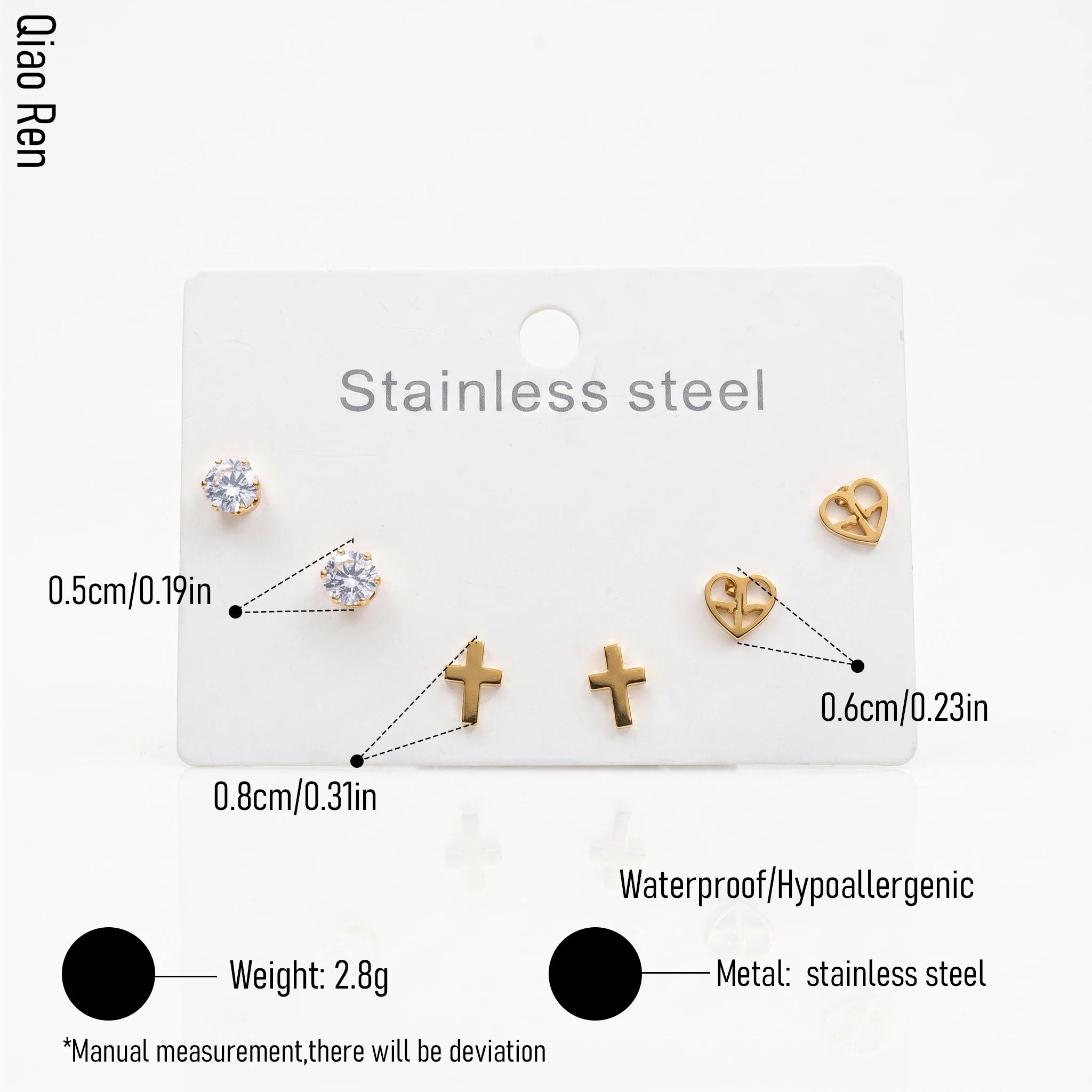 QIAOREN 14495 3 Pcs Cross Heart Stainless Steel Cz Ear Stud Earrings Set, , Gold Multi Style Mini Cartilage Earrings Jewelry