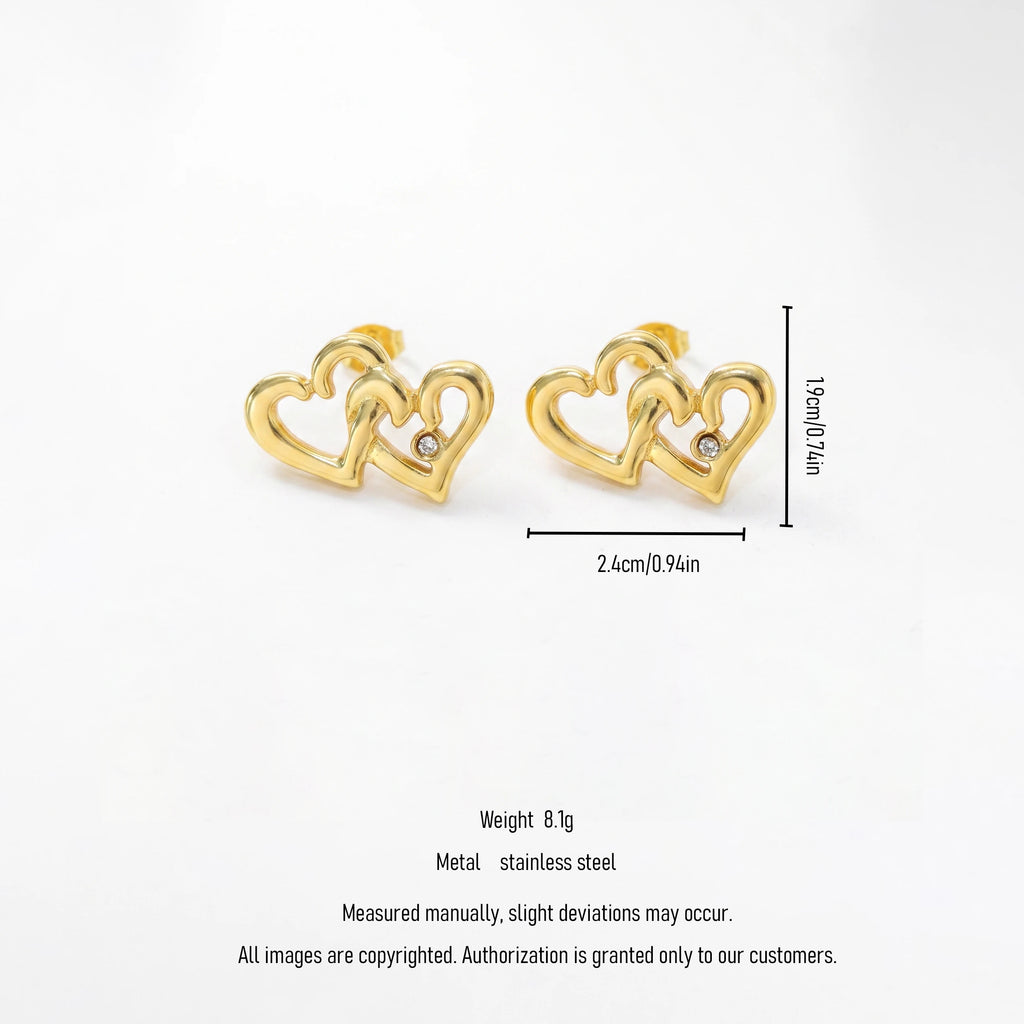 QIAOREN 12266 Trendy Double Interlocking Heart Stud Earrings 18K Gold Plated Stainless Steel Overlapping Love Jewelry Party