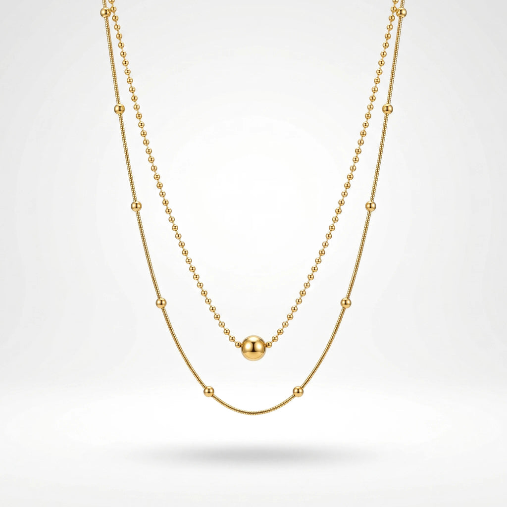 QIAOREN 11899 Minimalist Double Layer Beaded Snake Chain Necklace 18K Gold Stainless Steel Ball Pendant Daily Layering Jewelry