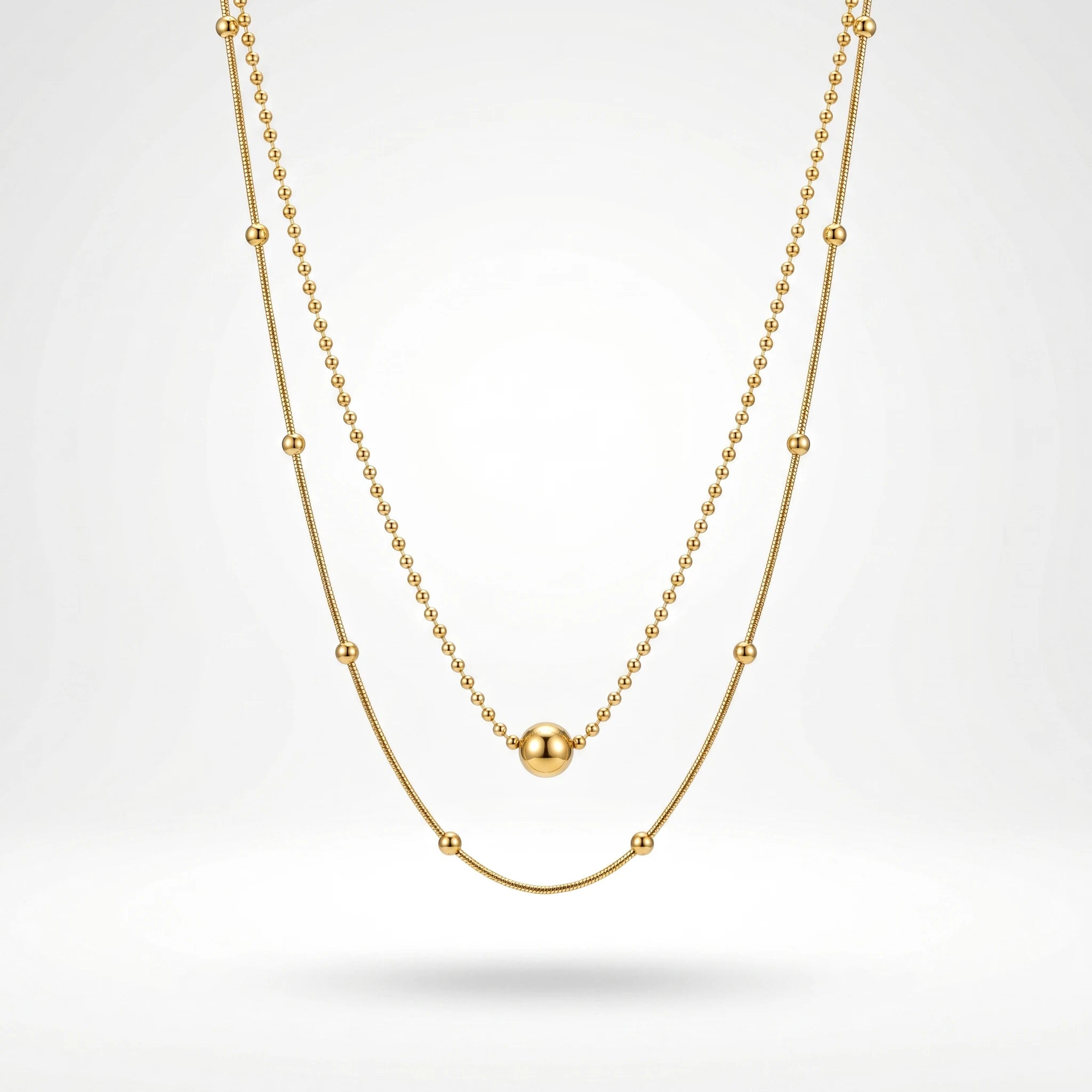 QIAOREN 11899 Minimalist Double Layer Beaded Snake Chain Necklace 18K Gold Stainless Steel Ball Pendant Daily Layering Jewelry