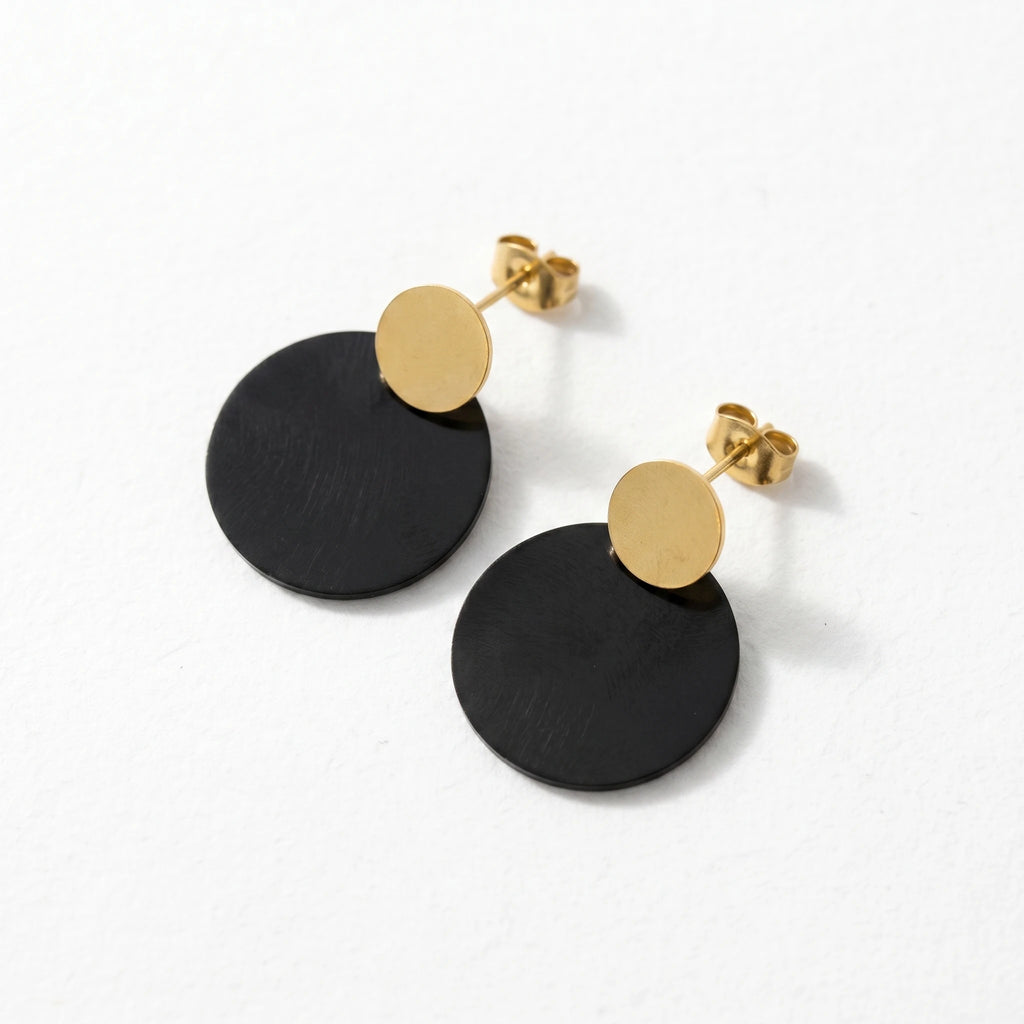 QIAOREN 11205 Modern Black Gold Disc Earrings Stainless Steel Minimalist Statement Stud Earrings for Women Fashion Jewelry
