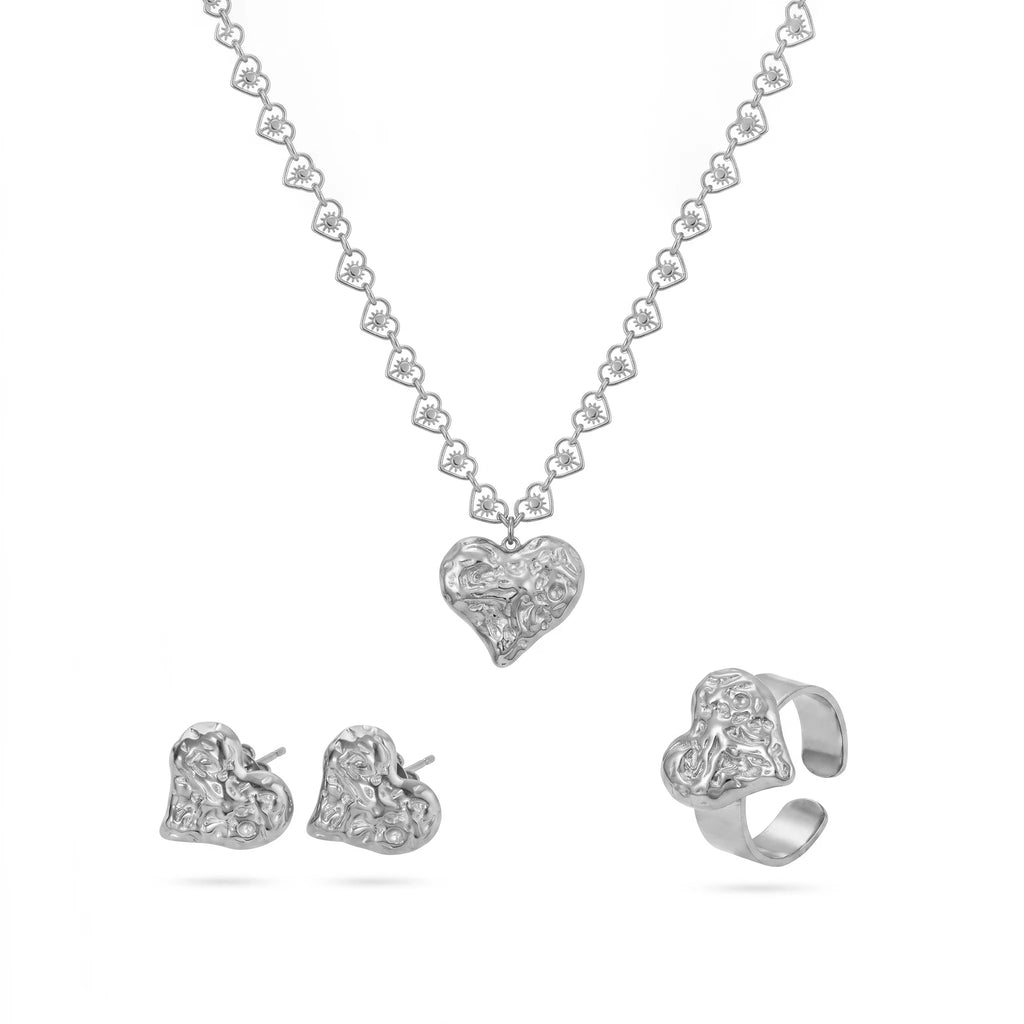 QIAOREN 11525 Textured Heart Jewelry Set Stainless Steel Waterproof Necklace Earrings Ring for Daily & Party