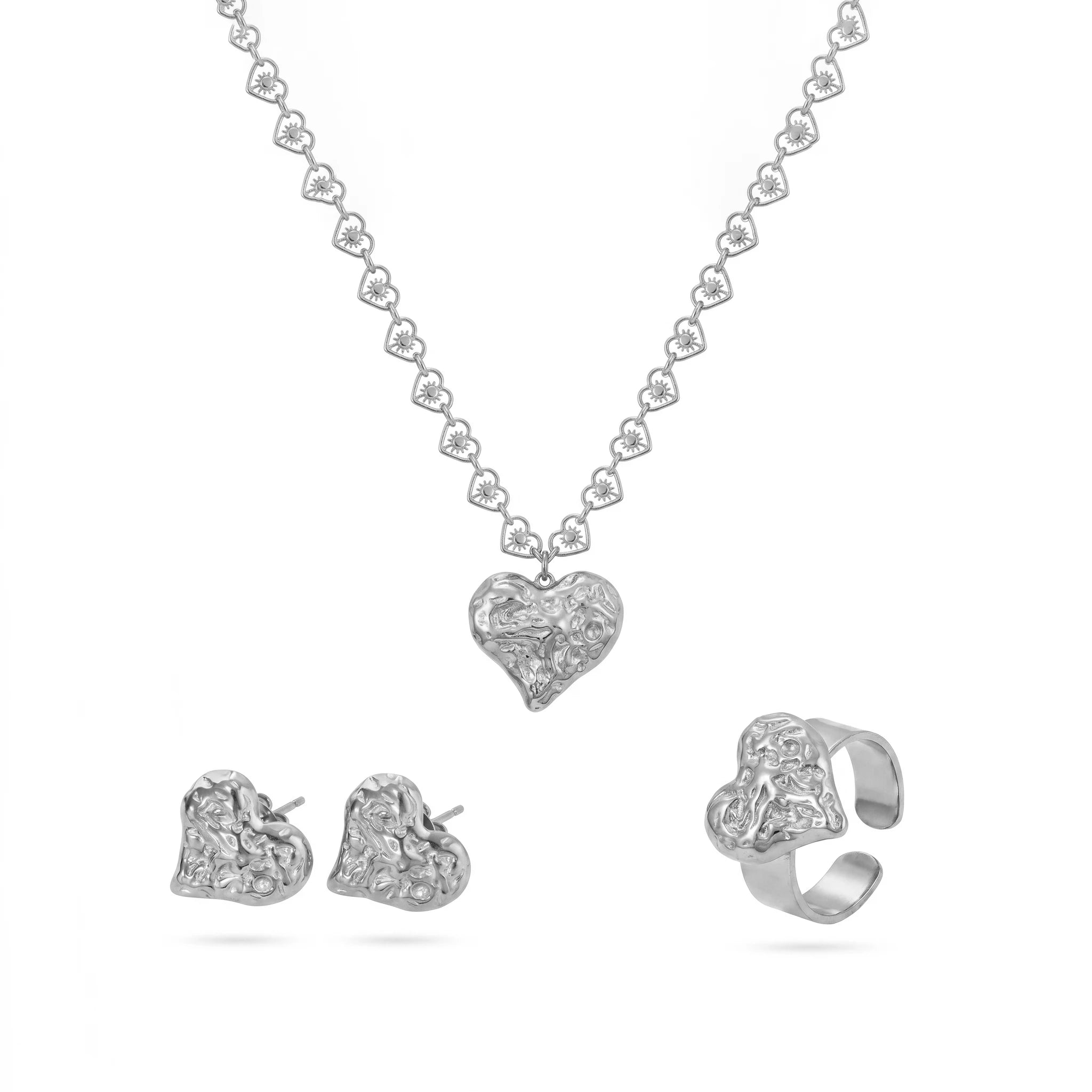 QIAOREN 11525 Textured Heart Jewelry Set Stainless Steel Waterproof Necklace Earrings Ring for Daily & Party
