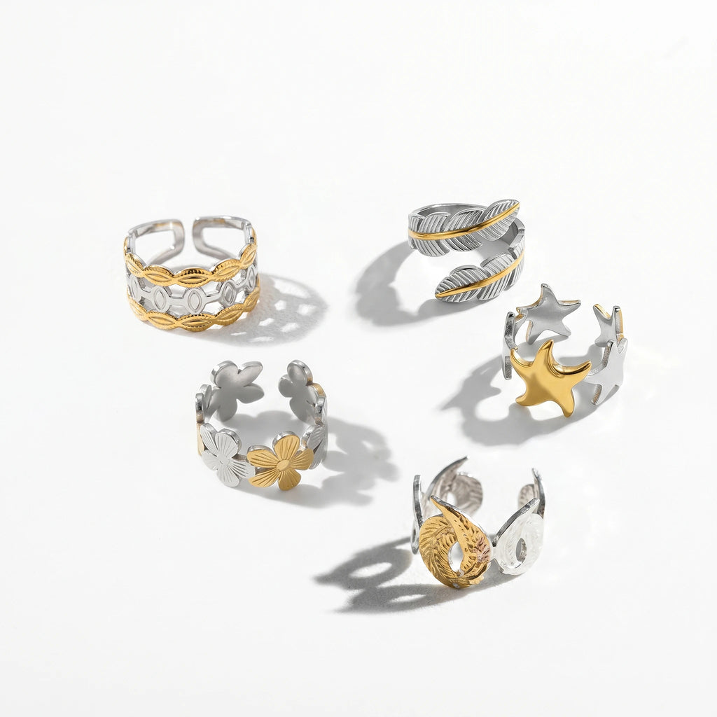 QIAOREN 12929-32 18K Gold Plated 316L Stainless Steel Two Tone Snake Star Adjustable Rings Set Tarnish Free Waterproof Jewelry