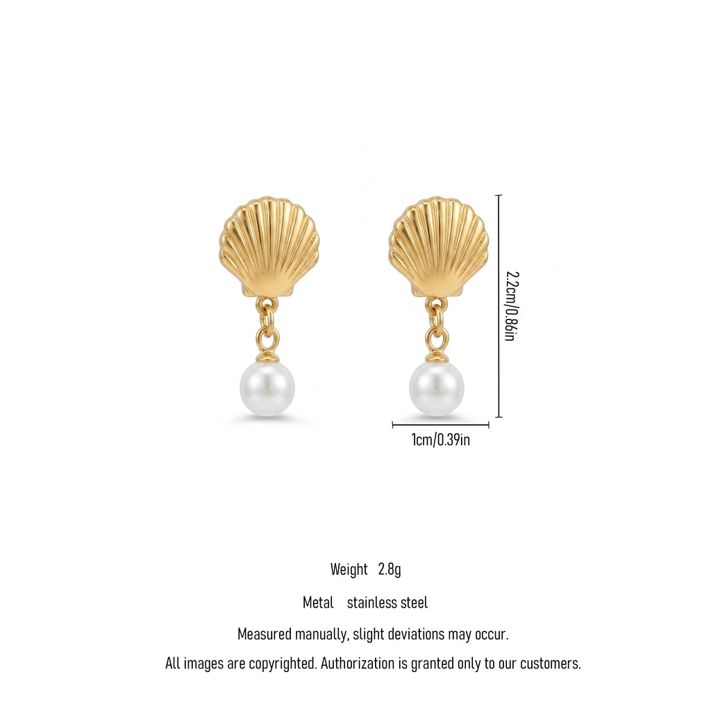 QIAOREN11786 18K Gold Plated Stainless Steel Sea  Earrings with Double Imitation Pearl Tassel Drop