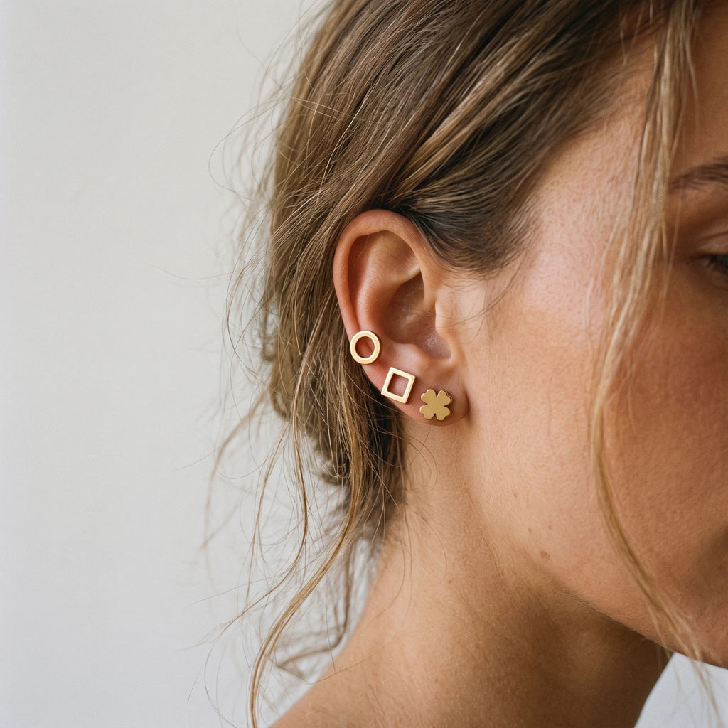 QIAOREN 14494 3 Pcs Clover Geometric Stainless Steel Hollow Circle Square Tiny Stud Earrings Set, Mini Cartilage Earrings