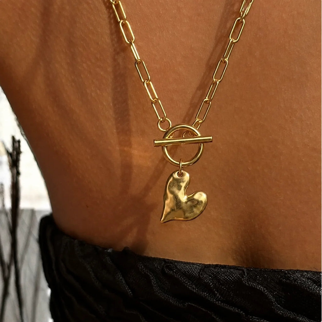 QIAOREN 11567 Stainless Steel 18K Gold Plated Heart Square Jewelry Set, Textured Grid Pattern Pendant Necklace Stud Earrings