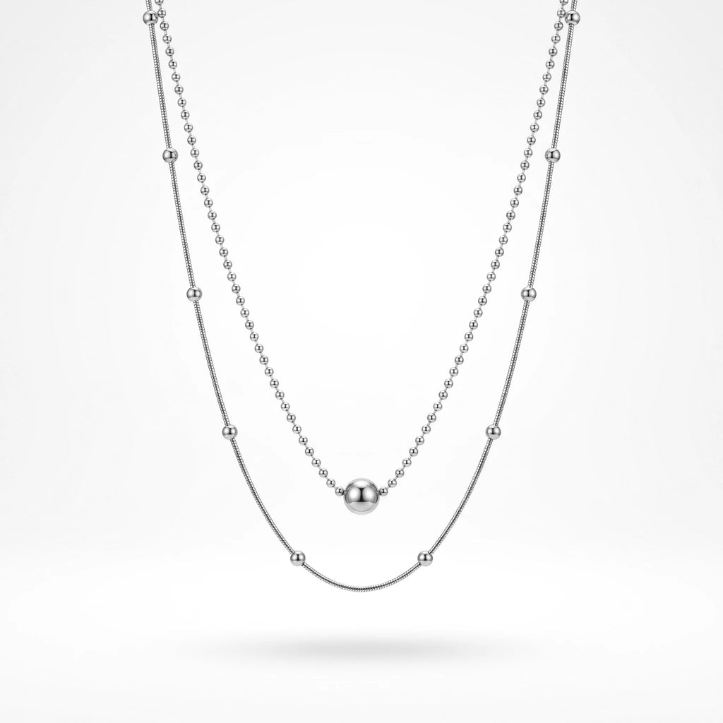 QIAOREN 11899 Minimalist Double Layer Beaded Snake Chain Necklace 18K Gold Stainless Steel Ball Pendant Daily Layering Jewelry