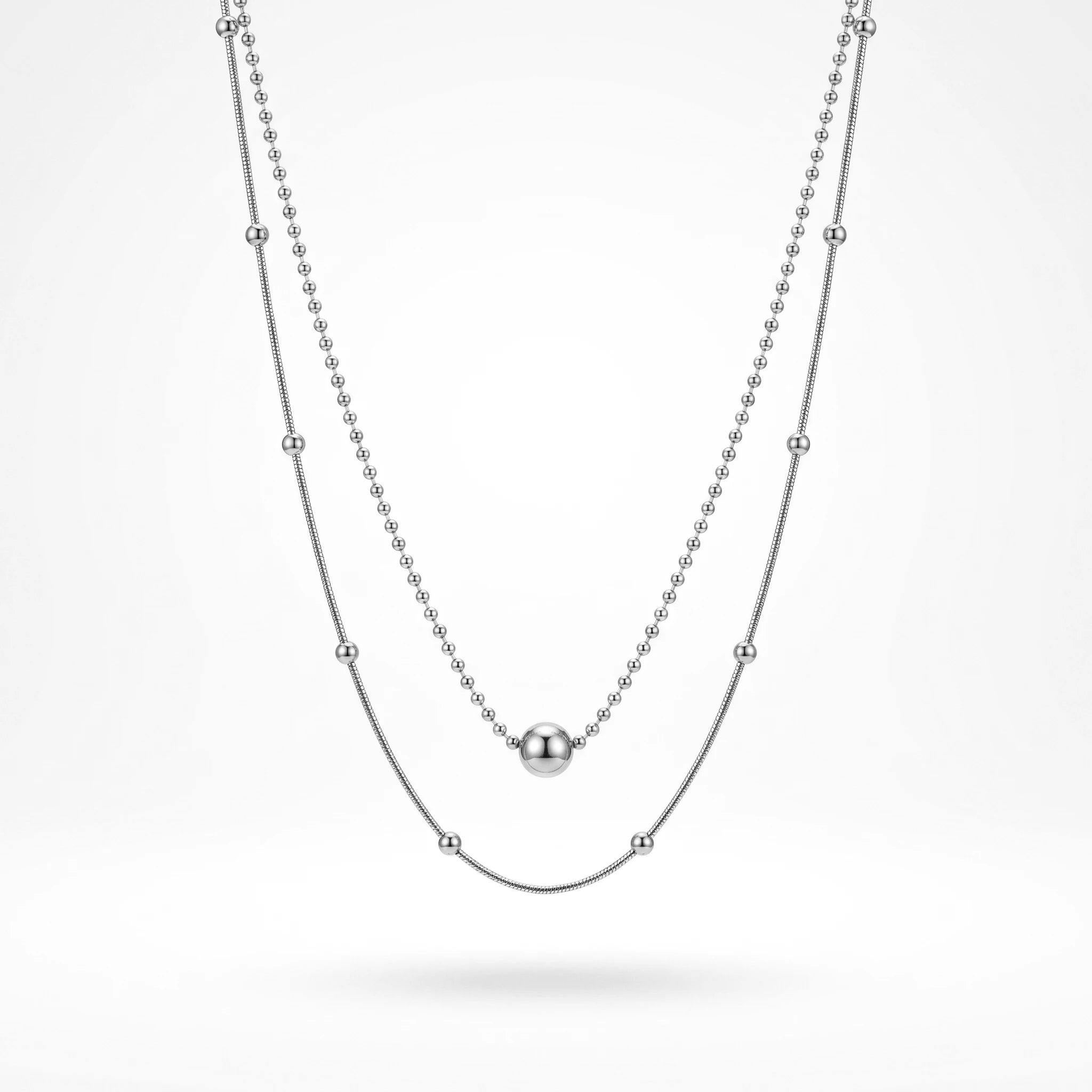 QIAOREN 11899 Minimalist Double Layer Beaded Snake Chain Necklace 18K Gold Stainless Steel Ball Pendant Daily Layering Jewelry