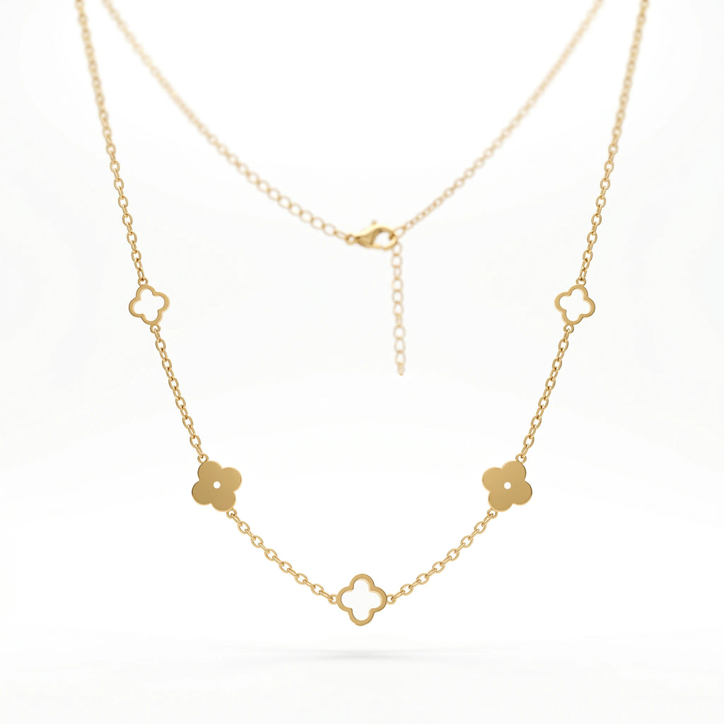 QIAOREN 10598 18K Gold Plated Mixed Solid & Hollow Clover Station Necklace Stainless Steel Tarnish Free
