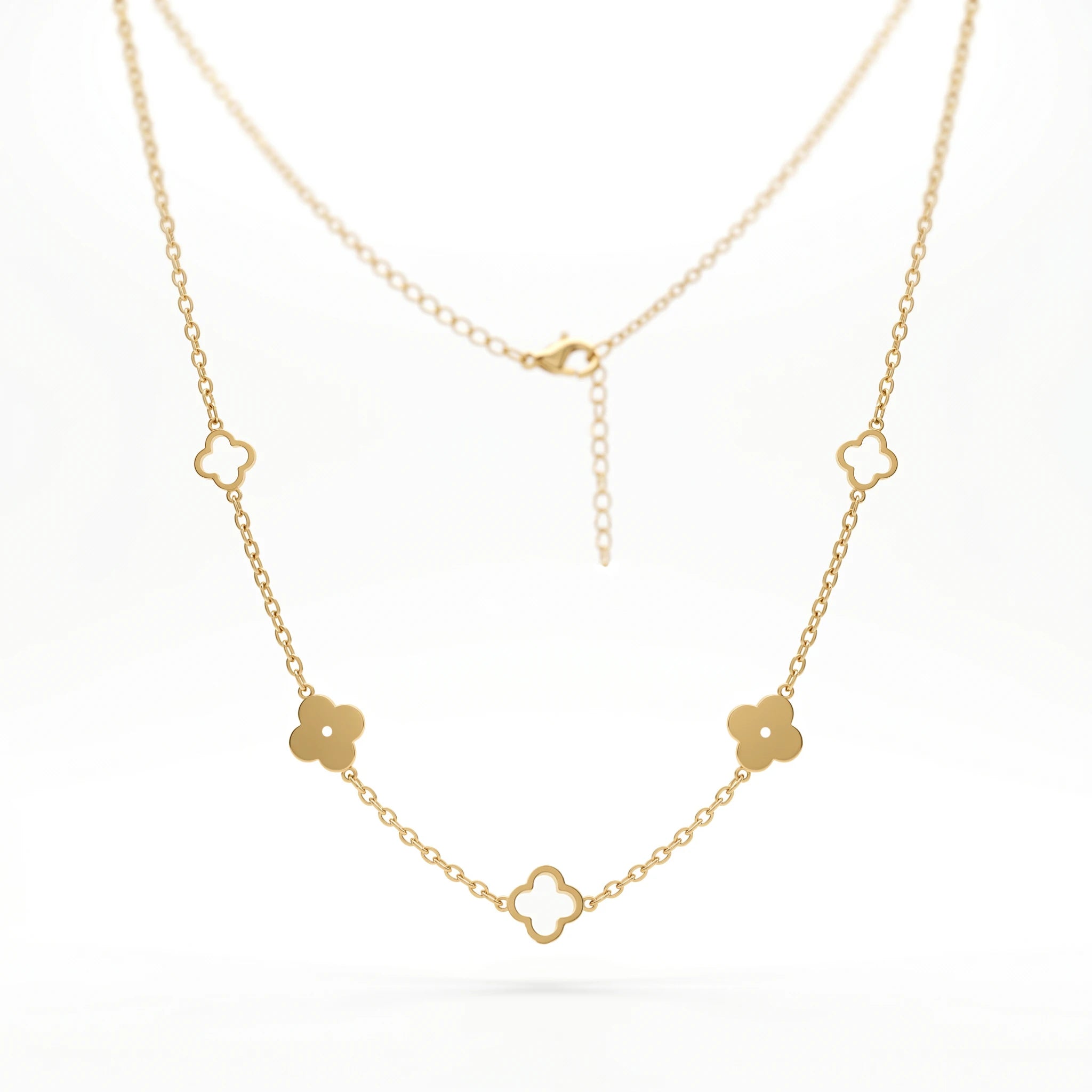 QIAOREN 10598 18K Gold Plated Mixed Solid & Hollow Clover Station Necklace Stainless Steel Tarnish Free