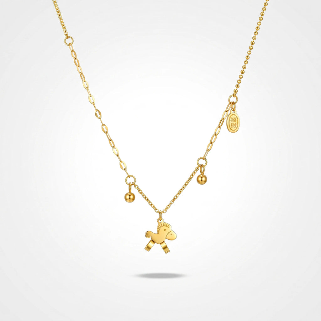 QIAOREN 13815  Mixed Oval Link & Ball Bead Chain Pendant Necklace with Flat Cutout Rocking Horse Charm, Oval Engraved Wealth