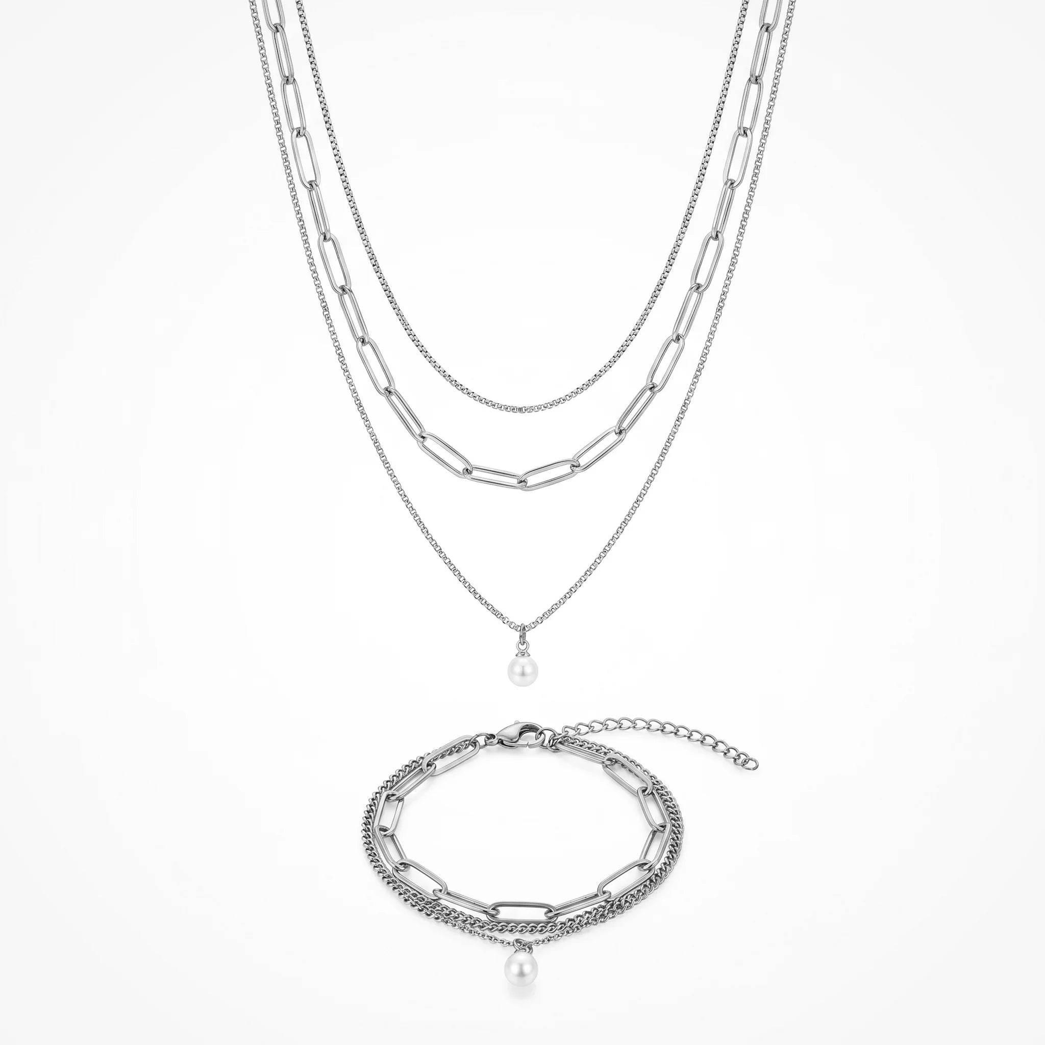 QIAOREN 11515 18K Gold Plated 3 Layered Pearl Pendant Necklace Bracelet Set Stainless Steel Tarnish Resistant