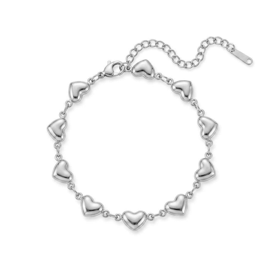 QIAOREN12063 Tarnish Resistant Stainless Steel All Smooth Mini 3D Heart Link Bracelet Lobster Clasp Stackable Wrist Accessory