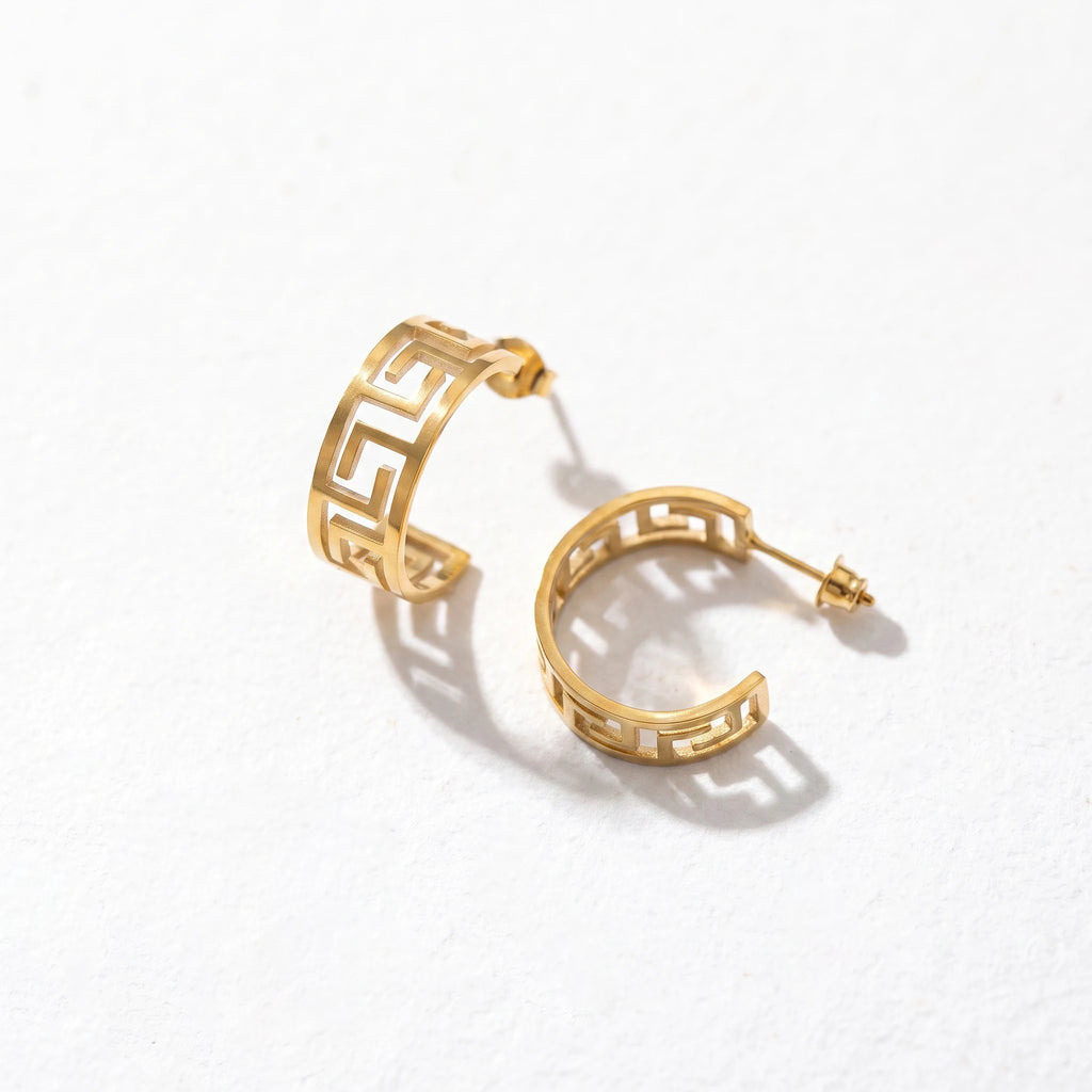 QIAOREN 13445 Gold Tone Hollow Greek Key C Shape Stud Earrings Classic Geometric Cut Out Half Circle Ear Jewelry Gift