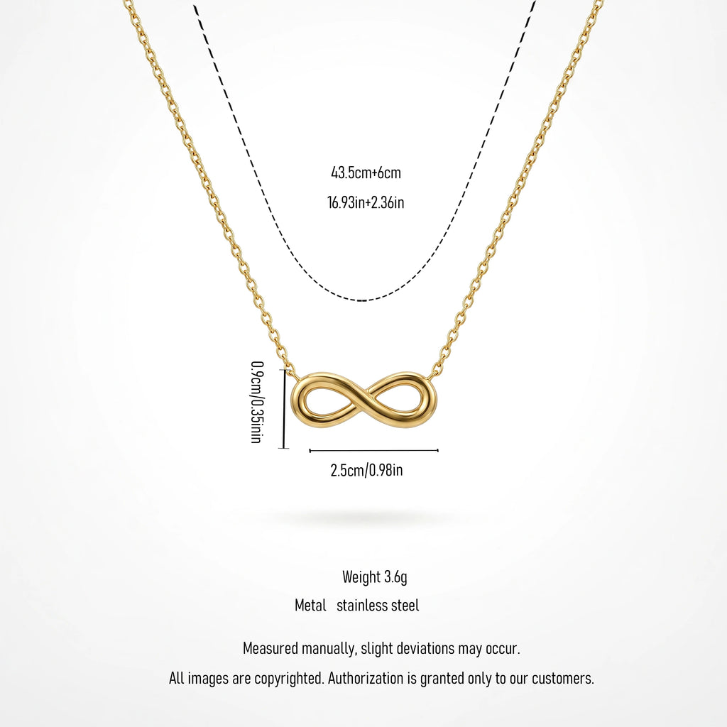 QIAOREN 13933 Thin Oval Link Chain Infinity Symbol Pendant Necklace, Polished Smooth Gold Eternal Love Collar Jewelry Gift
