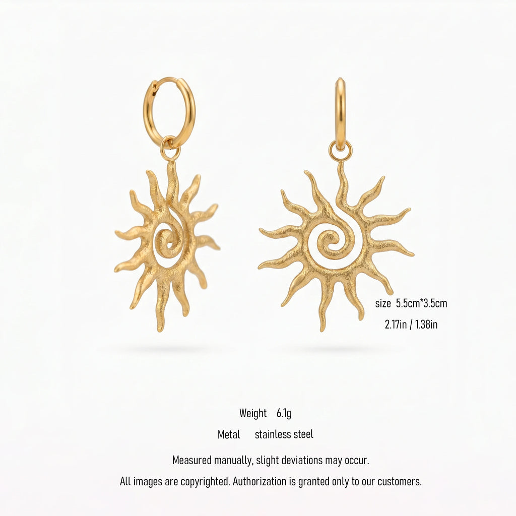 QIAOREN 10743 18K Gold Plated Stainless Steel Sun Spiral Hoop Earrings, Hypoallergenic Bohemian Sunburst Drop Earrings for Women