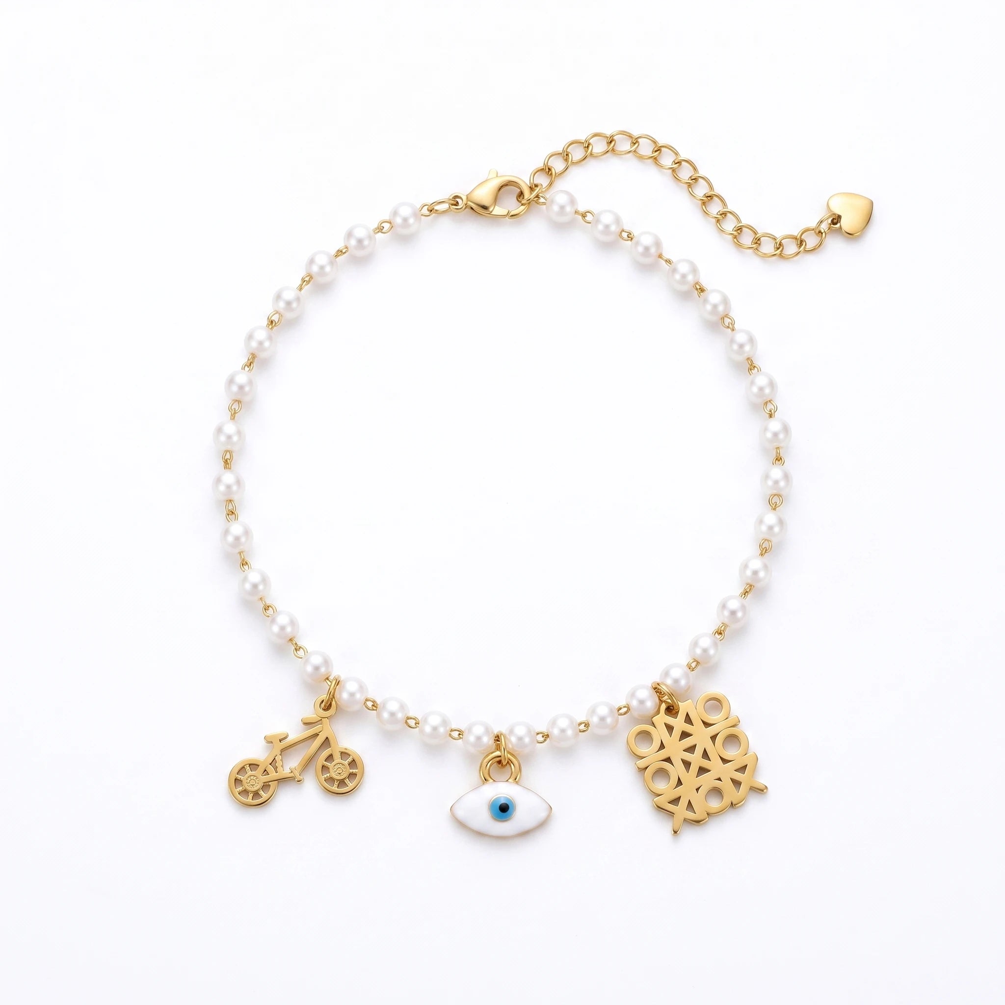 QIAOREN 13332 Vintage Pearl Anklet with Bicycle, Geometric Hollow Charms, Retro Unique Foot Jewelry Gift for Ladies Trendy