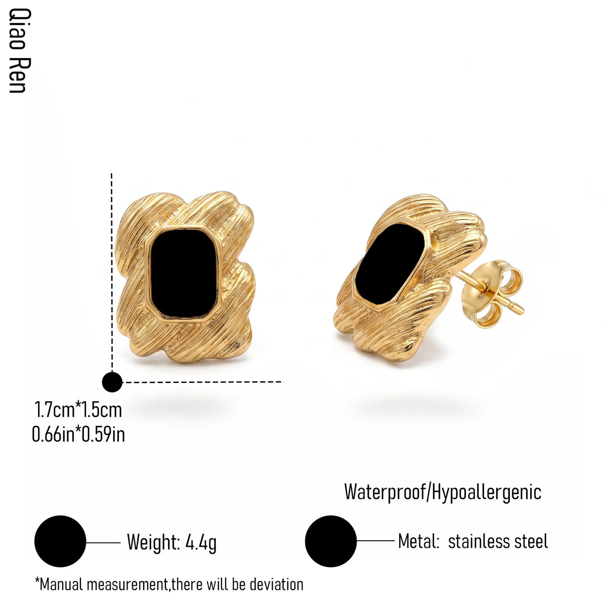 QIAOREN 14091-93 Stainless Steel Textured Stud Earrings Vintage Gold Red Enamel Waterproof Hypoallergenic Jewelry OEM ODM