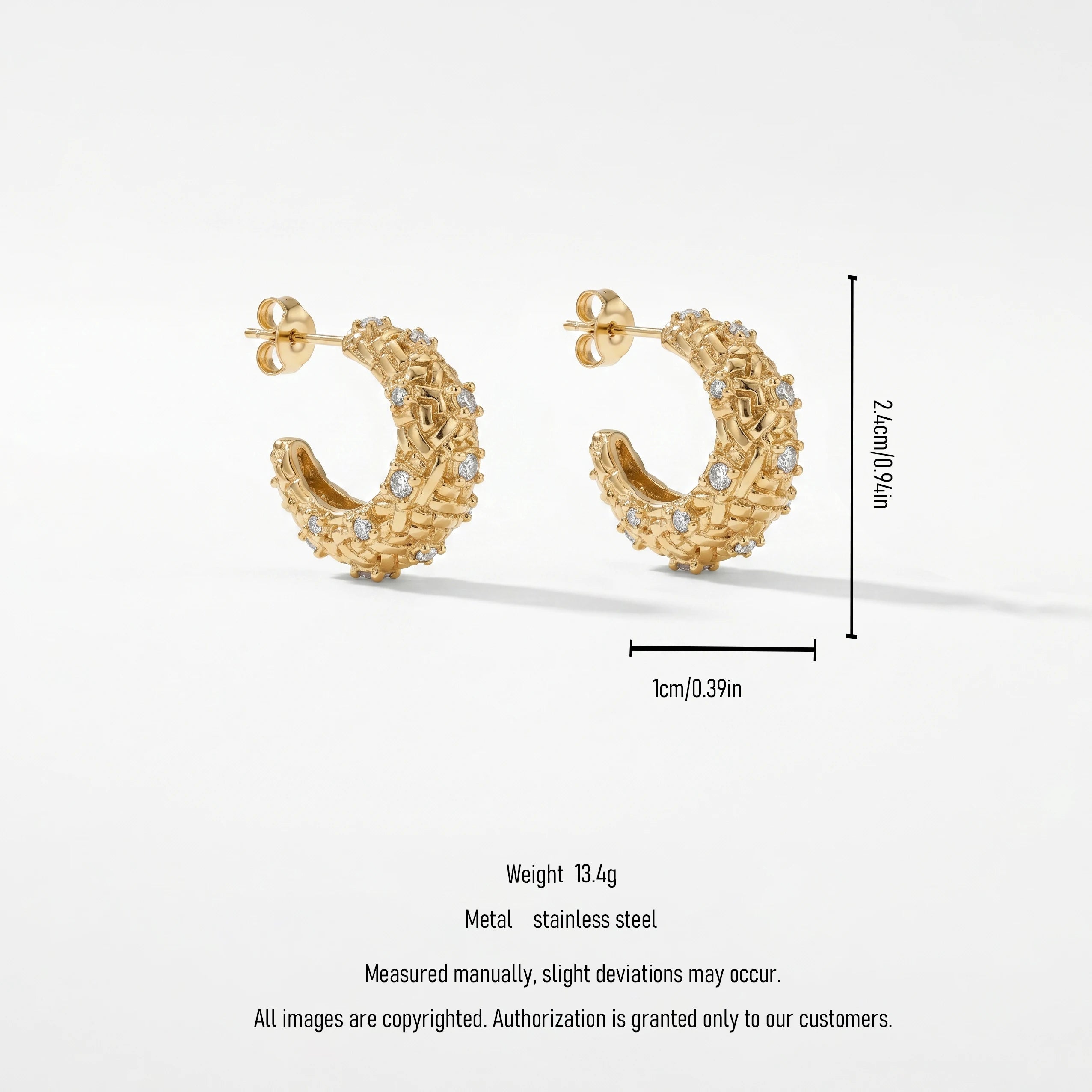 QIAOREN 12456 Niche Woven Grain Textured Half Hoop Studs Glossy Gold Stainless Steel Waterproof Paved Crystal Huggie Earrings