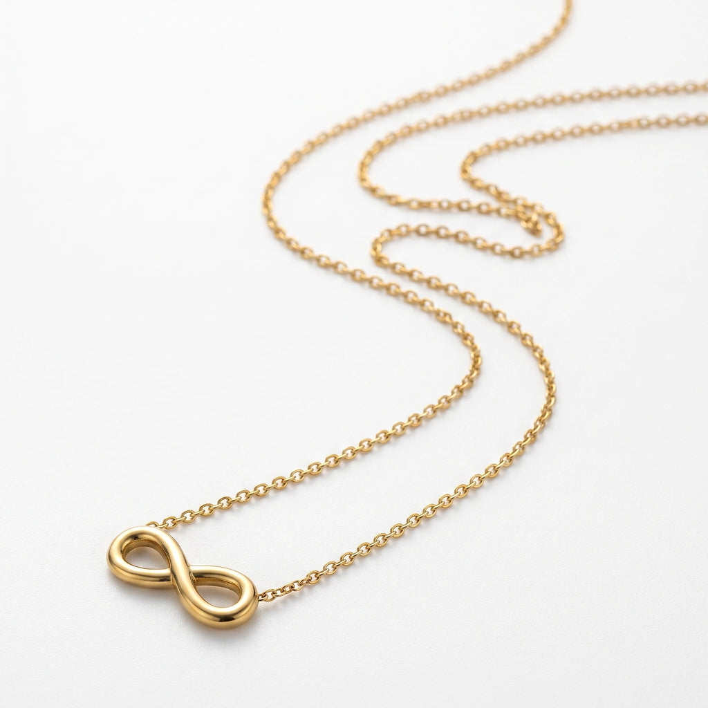 QIAOREN 13933 Thin Oval Link Chain Infinity Symbol Pendant Necklace, Polished Smooth Gold Eternal Love Collar Jewelry Gift
