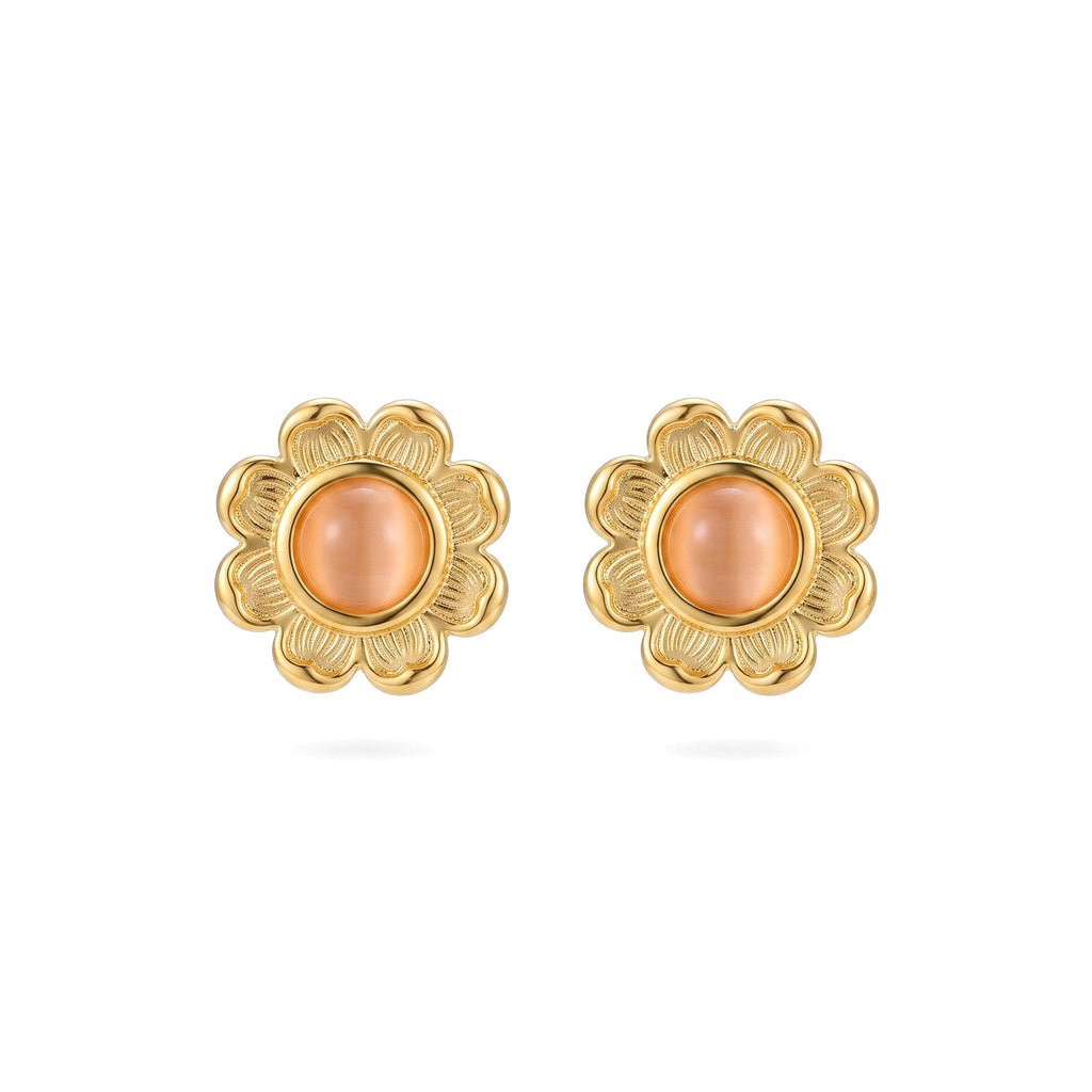 QIAOREN 13267 Gold Tone Daisy Flower Stud Earrings Inlaid Round Pink Cat Eye Stone Sunflower Shape Pin Studs Warm Retro Gentle