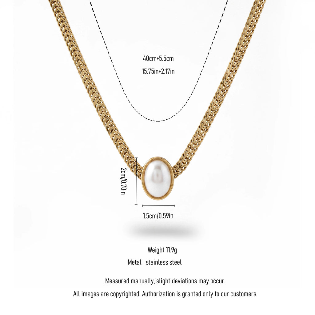 QIAOREN 13948 Stainless Steel Oval Pearl Pendant Wheat Chain Necklace Waterproof Hypoallergenic Jewelry for Women