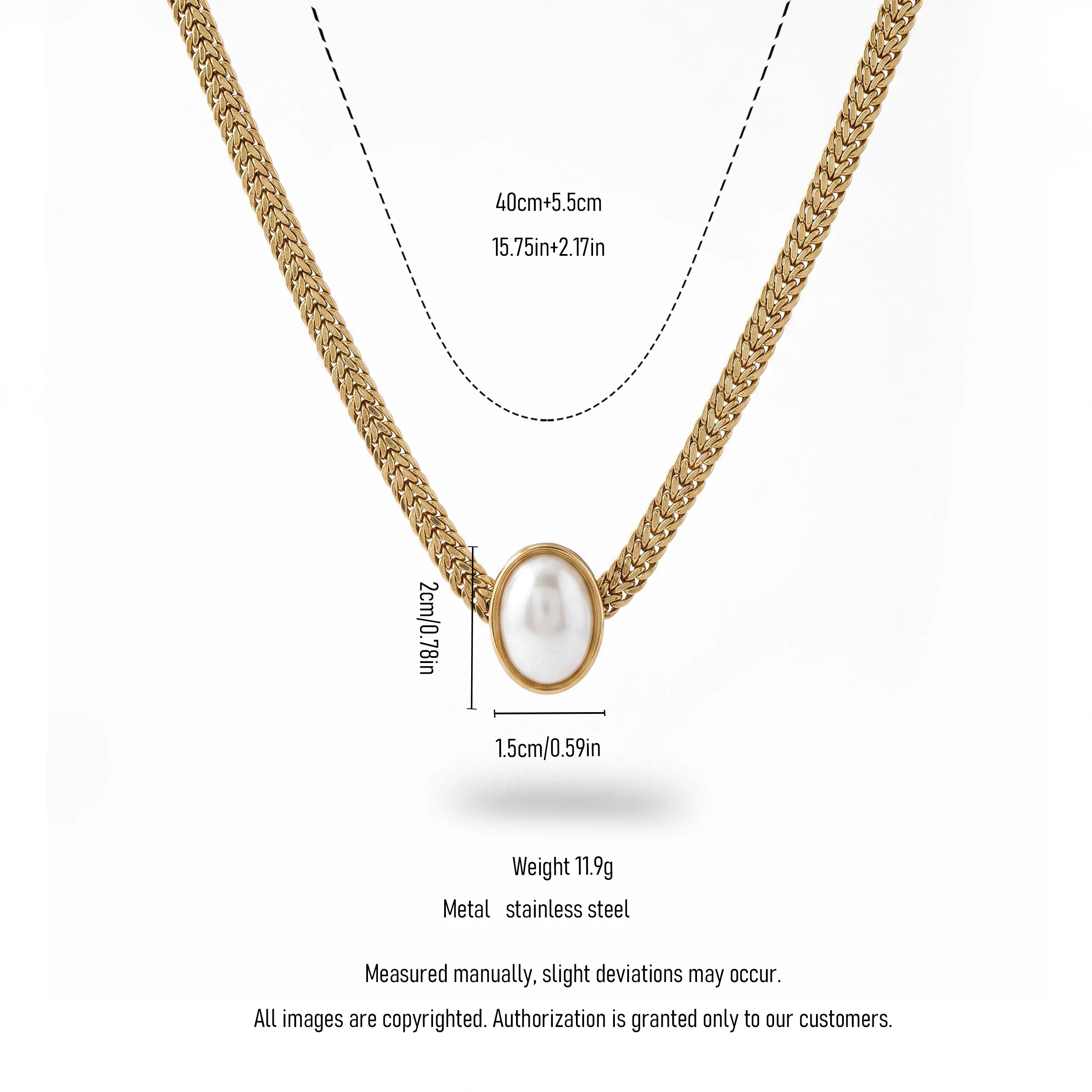 QIAOREN 13948 Stainless Steel Oval Pearl Pendant Wheat Chain Necklace Waterproof Hypoallergenic Jewelry for Women