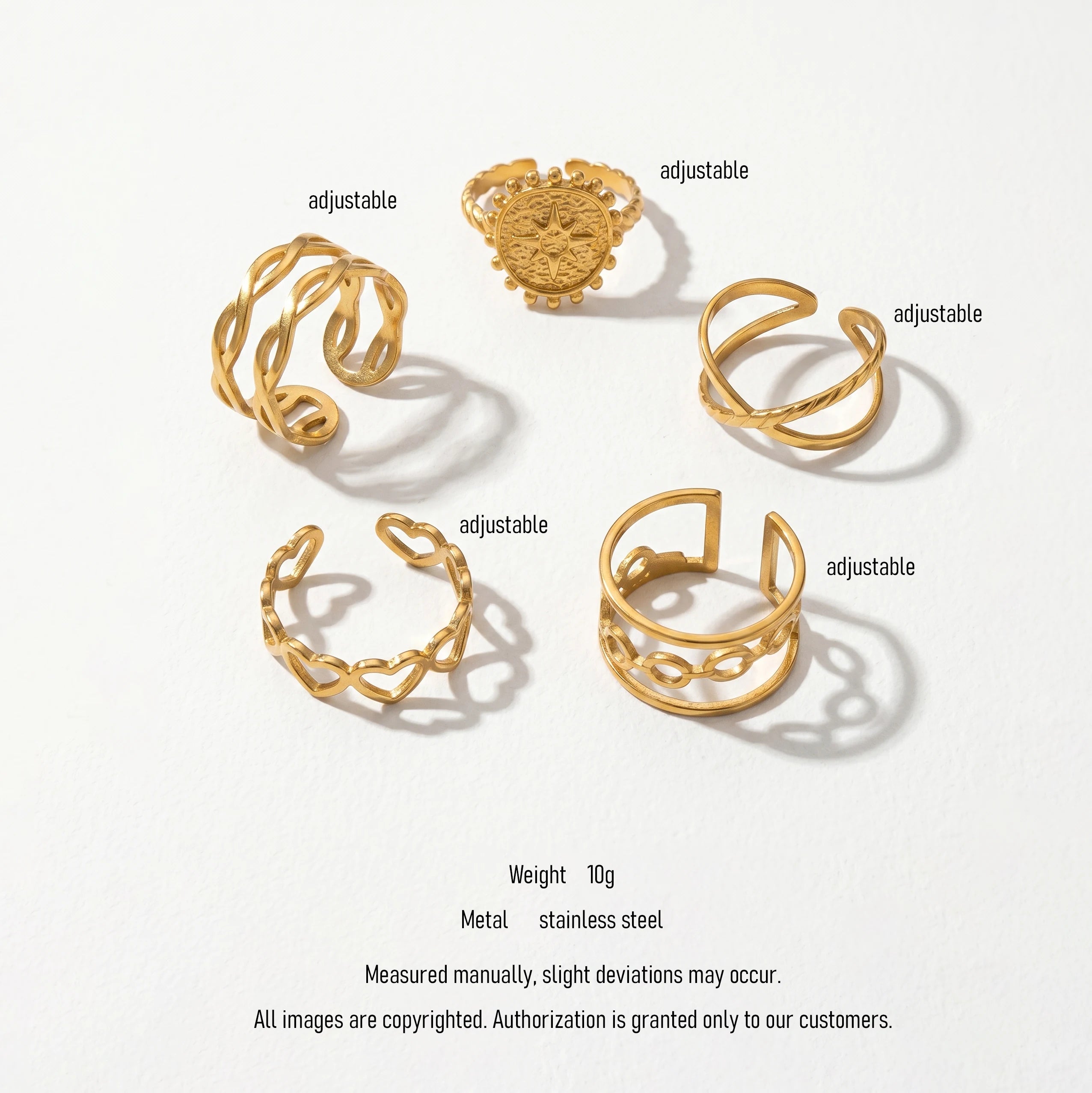 QIAOREN 10710 Tarnish Resistant 18K Gold Plated Stainless Steel Ring Watch Set 5Pcs Adjustable Open Stackable Quartz Rings Women