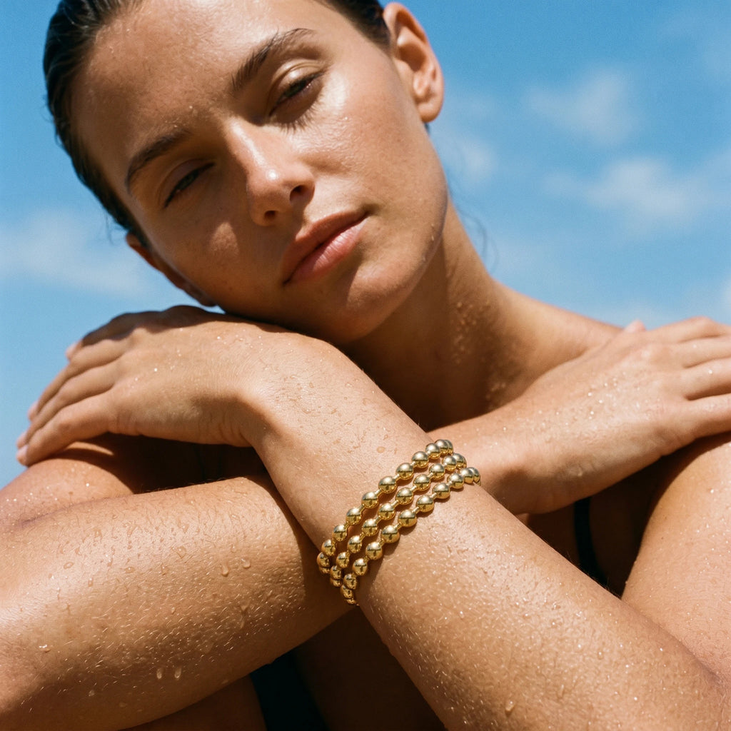 QIAOREN 12695 Classic Parallel Tiny Gold Bead Wide Open Gold Bangle Hypoallergenic Stainless Steel Hollow Stackable Bracelet