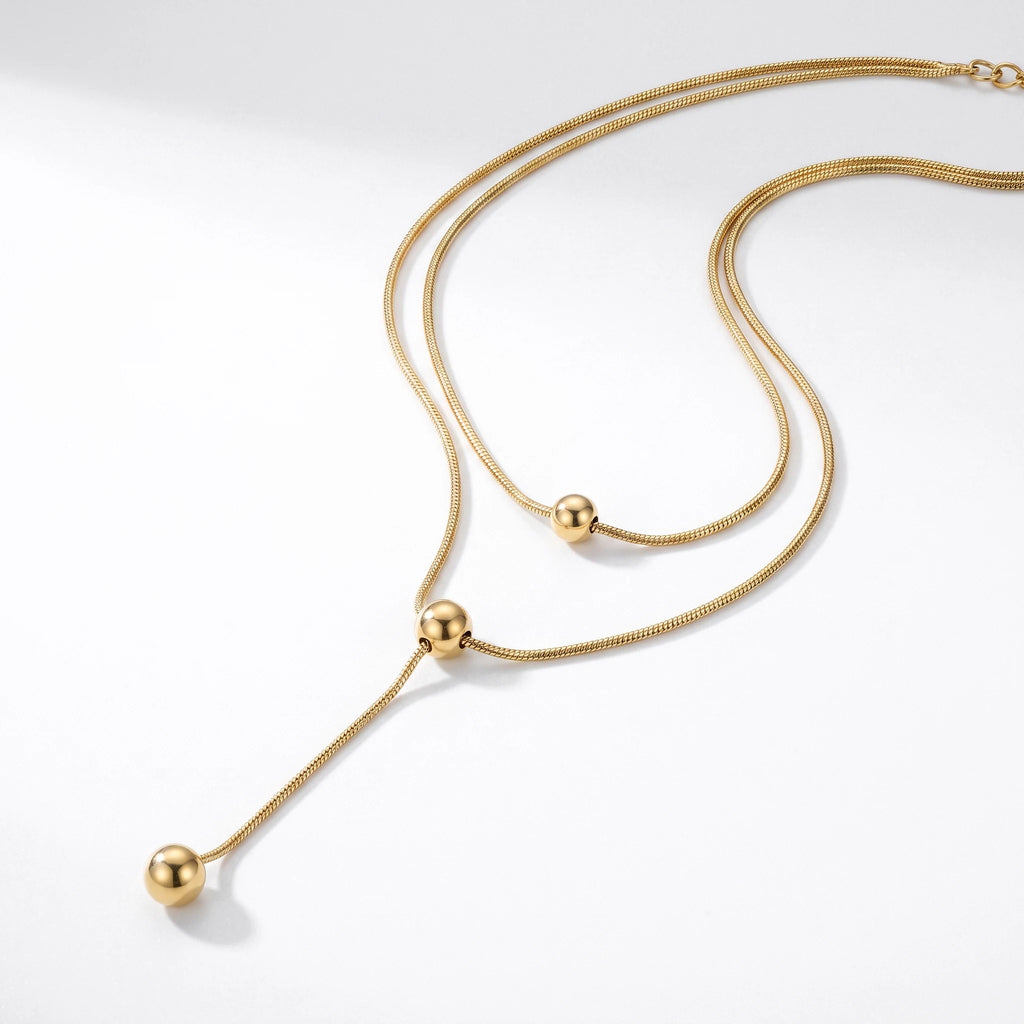 QIAOREN 13462 Minimalist Double Layer Snake Chain Necklace with Sliding Round Ball Pendants, Dainty Simple Neck Jewelry Gift