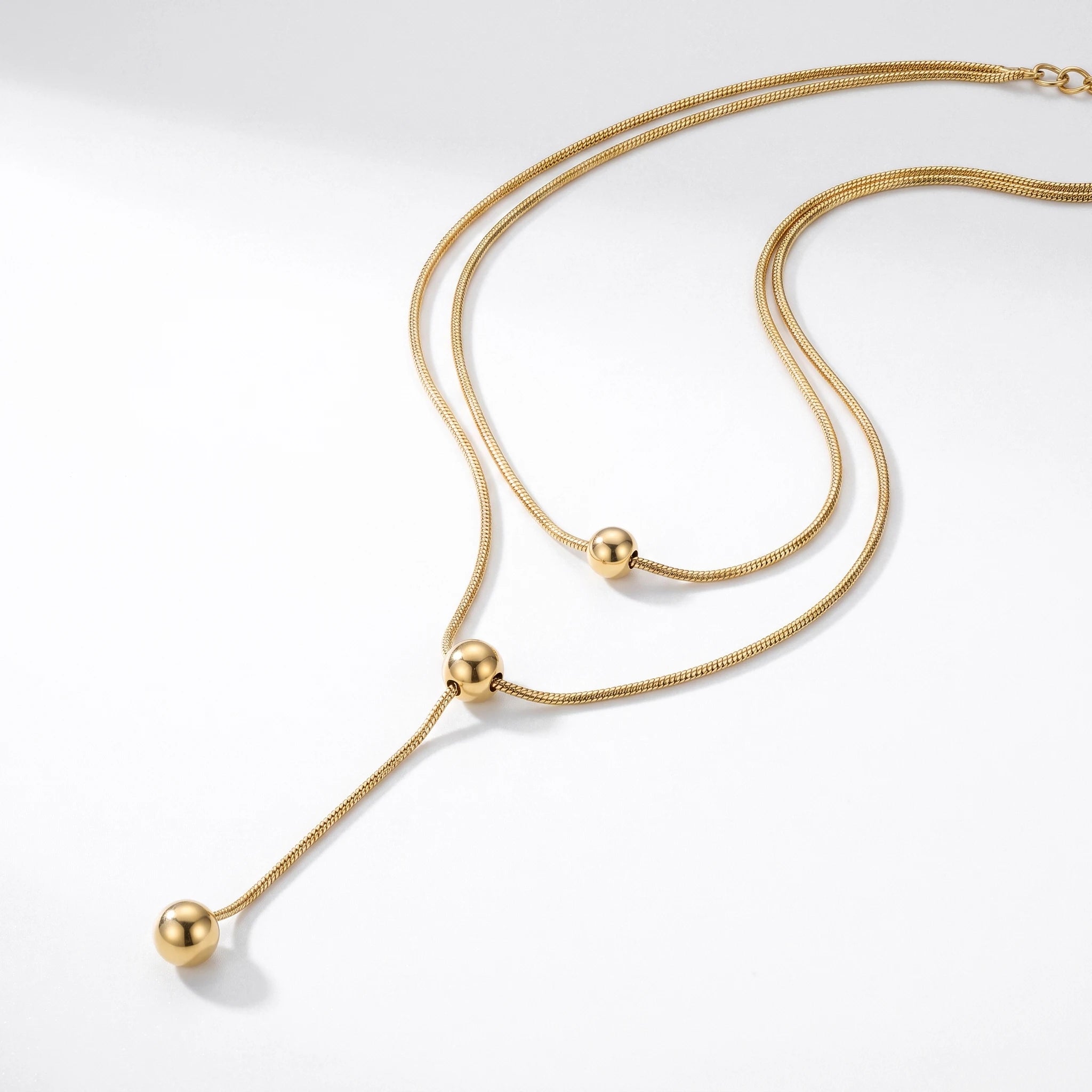 QIAOREN 13462 Minimalist Double Layer Snake Chain Necklace with Sliding Round Ball Pendants, Dainty Simple Neck Jewelry Gift