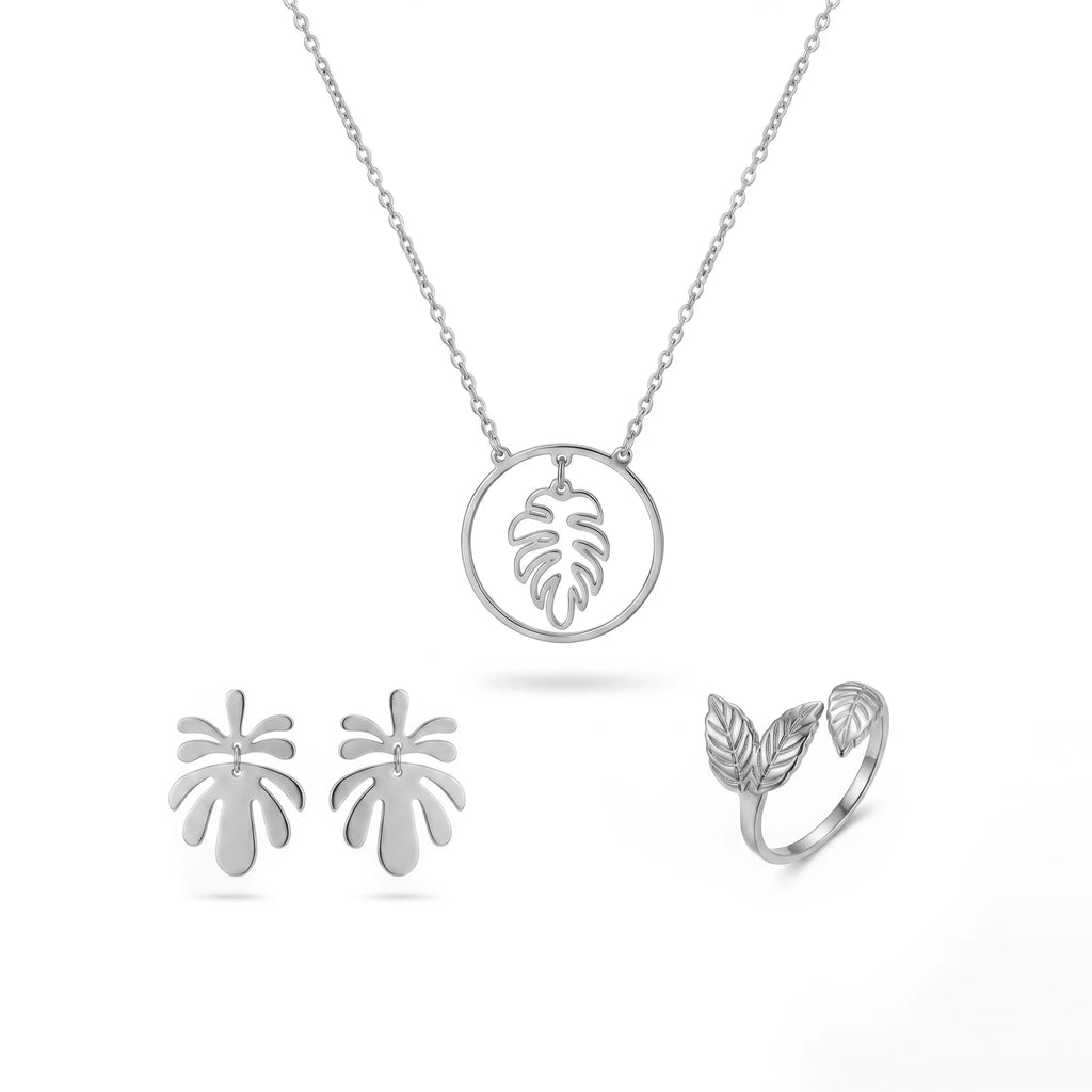 QIAOREN11930 Elegant Boho Monstera Leaf Jewelry Set Stainless Steel Gold  Pendant Necklace Leaf Earrings Ring Gift for Women