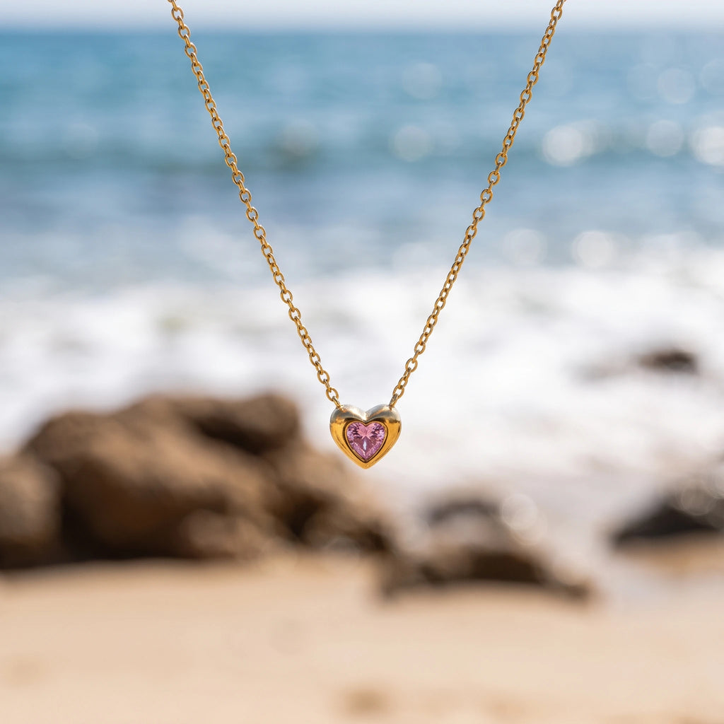 QIAOREN13960-61 Stainless Steel Pink Heart Necklace Gold Dainty Crystal Pendant Charm Jewelry for Women