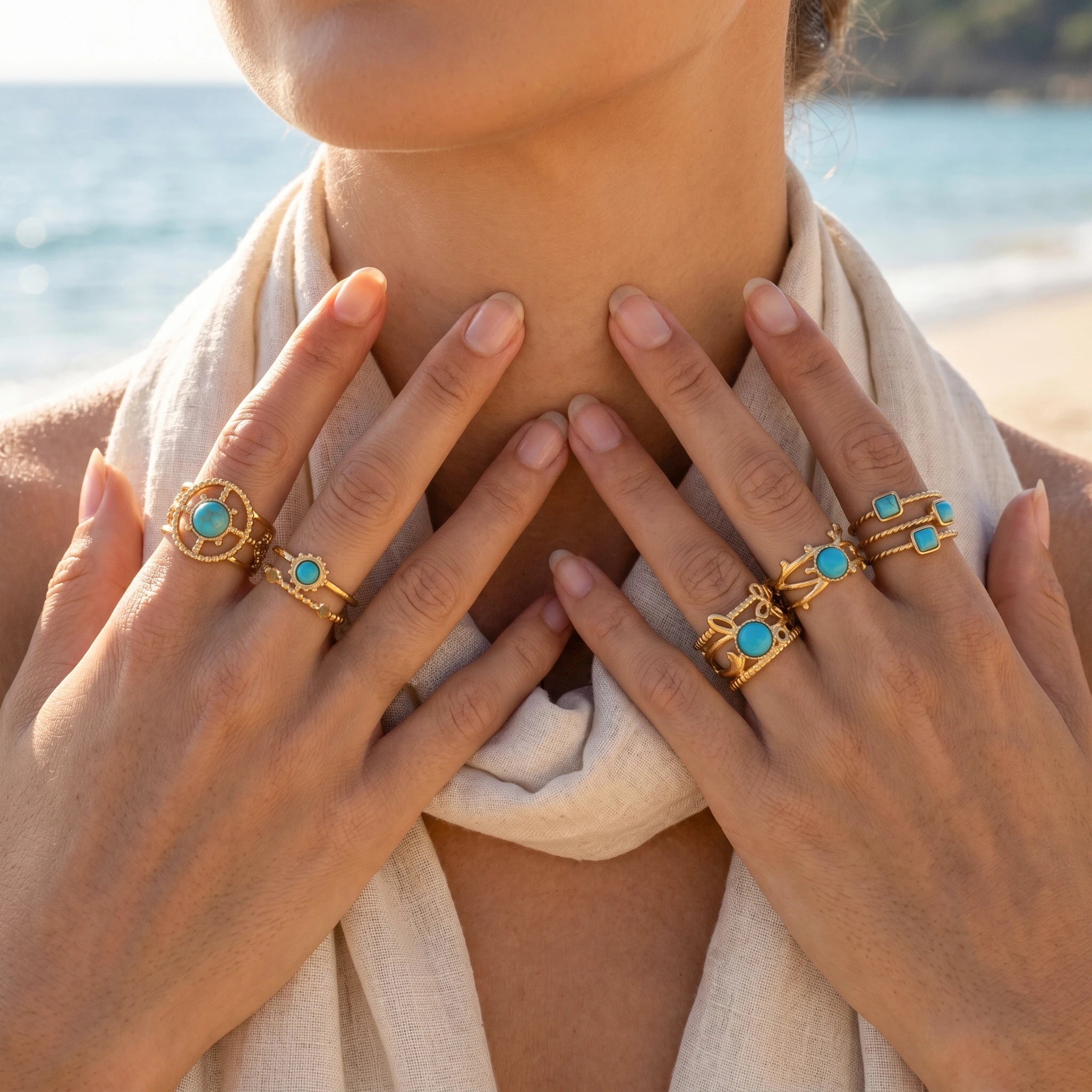 QIAOREN 13146-50 5Pcs Gold Turquoise Open Cuff Ring Set, Boho Hollow Inlaid Turquoise Stainless Steel Stackable Jewelry