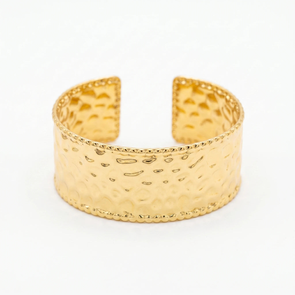 QIAOREM 12720Minimalist Hand Stamped Dimple Wide Cuff Bangle Hypoallergenic Stainless Steel Gold Bracelet Anniversary Party Gift