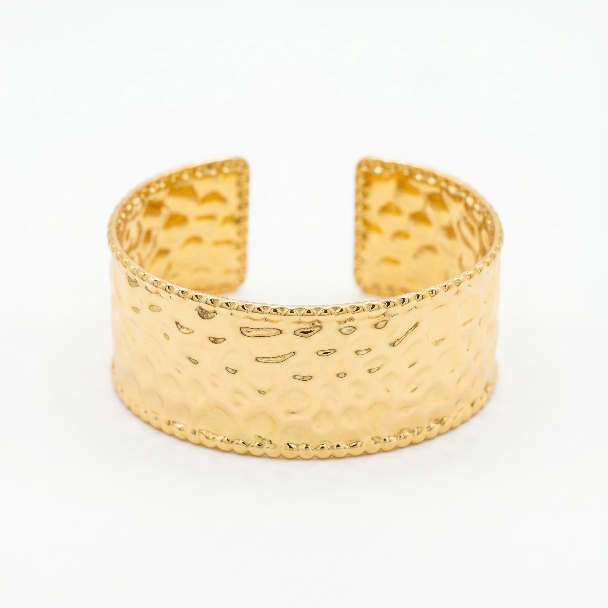 QIAOREM 12720Minimalist Hand Stamped Dimple Wide Cuff Bangle Hypoallergenic Stainless Steel Gold Bracelet Anniversary Party Gift